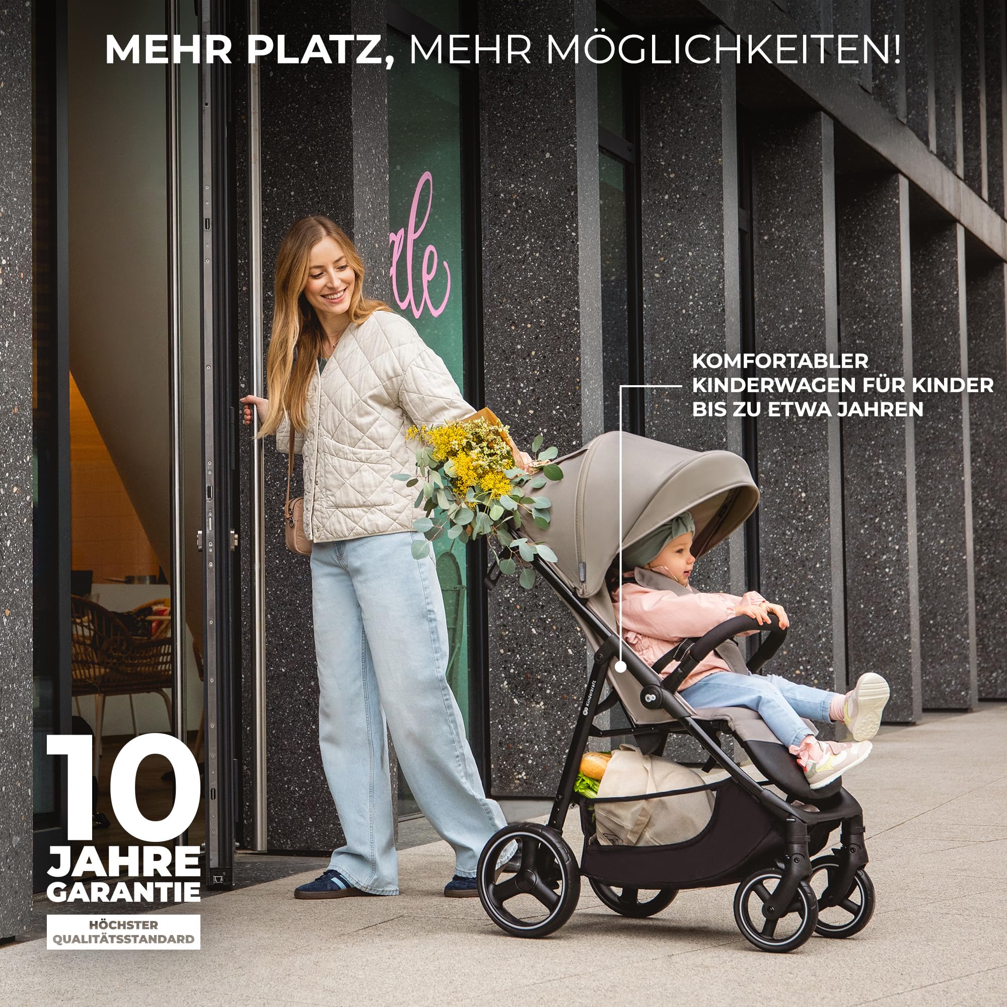 Kinderkraft TRIG 3 Kinderwagen, Kinderbuggy, Liegewagen, Sportwagen, Buggy, Zusammenklappen, Breite und tiefe Sitz, mit Liegeposition, 4 Rad Dämpfung, Große Dach, 5-Punkt-Gurt, bis zu 25 kg, Grau