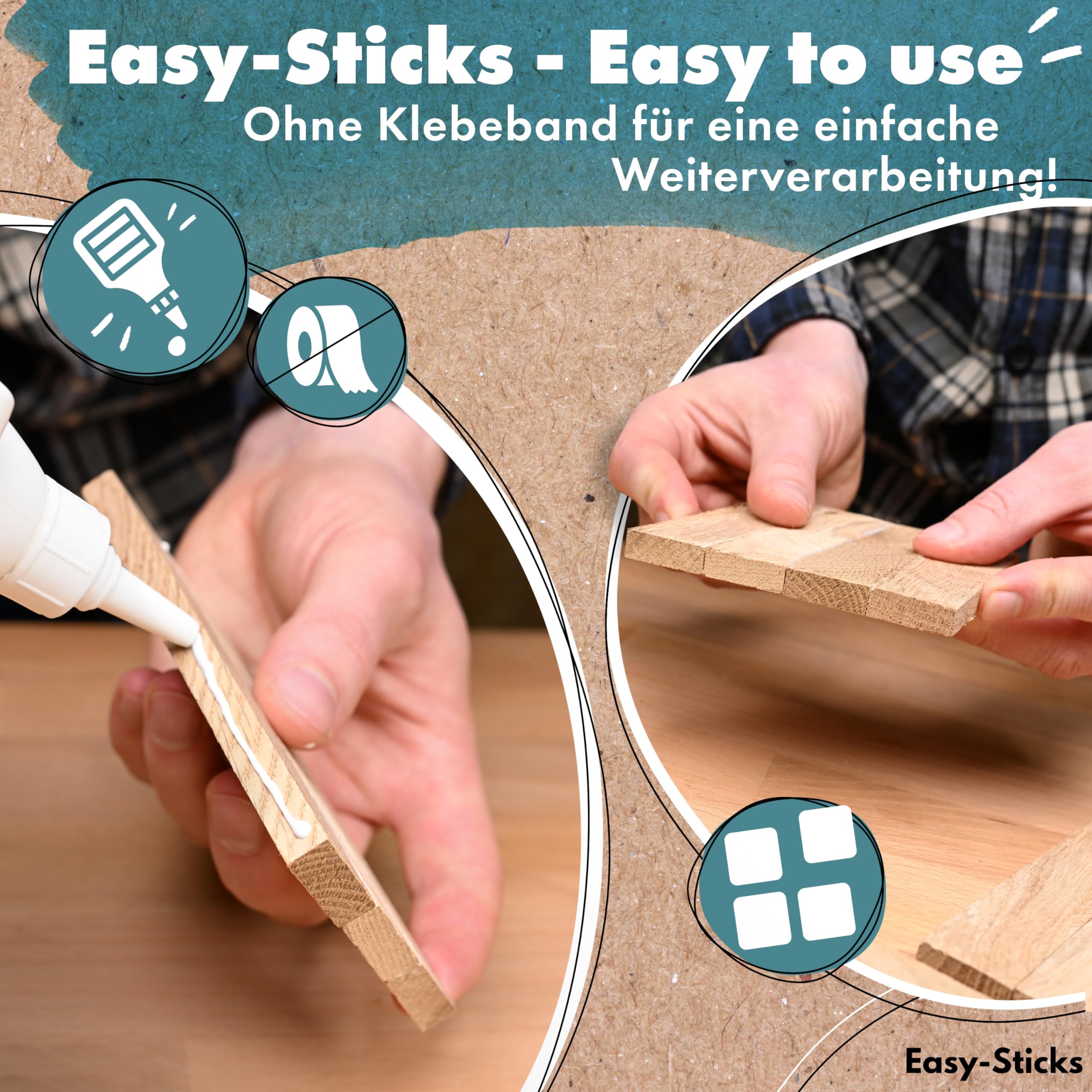 Easy-Sticks 3.0 Eiche – 210 Stück – Bastelholz OHNE Klebeband – Hölzchen für DIY Projekte und Deko – Hölzer zum Bauen und Verkleiden