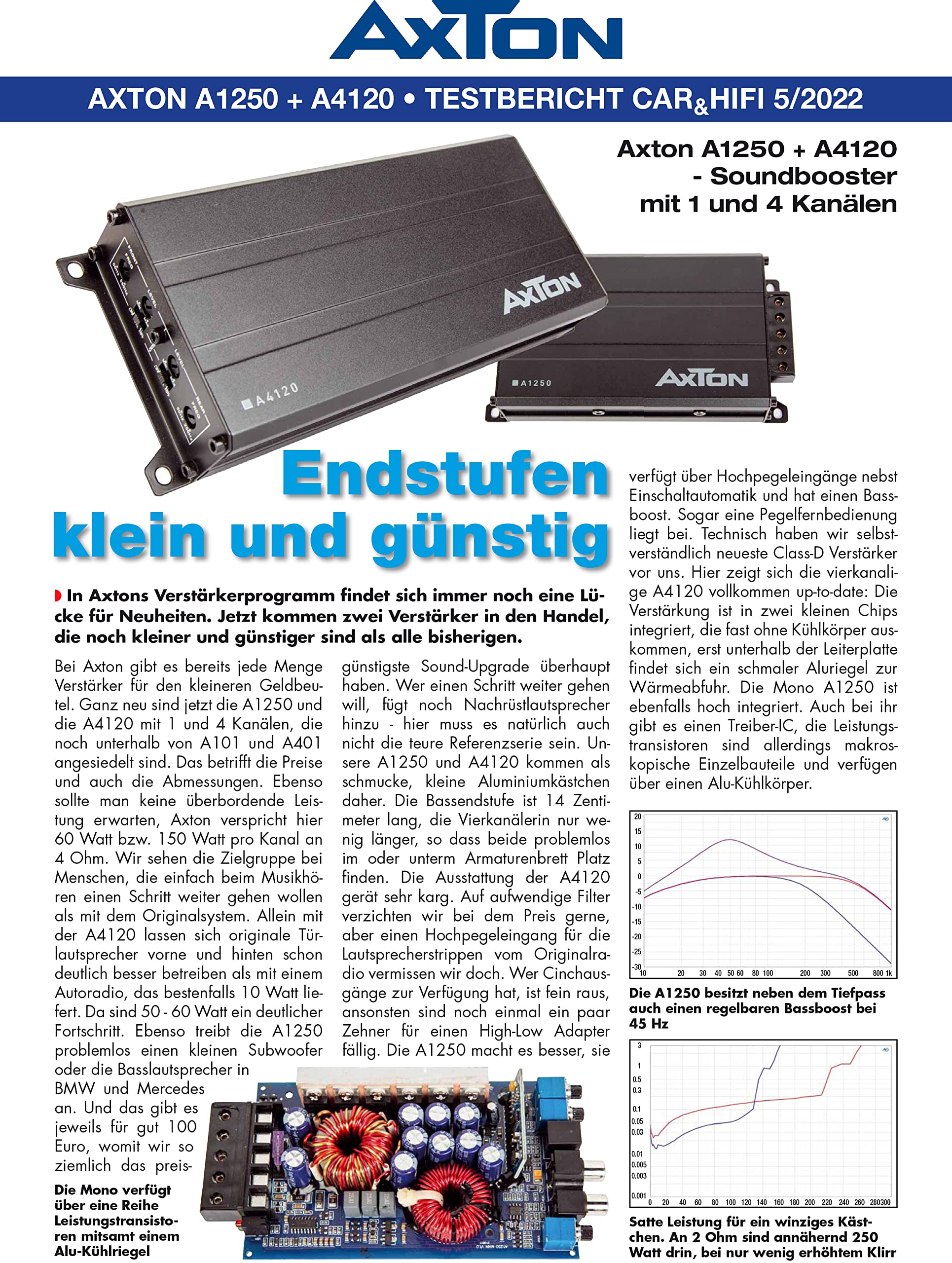 AXTON A1250 – ultra kompakter digitaler Mono Verstärker für Autos und Reisemobile, Mini 1-Kanal Bass Endstufe mit High-Level Eingang, Class-D Amp, 2 Ohm stabil, 1 x 150 Watt