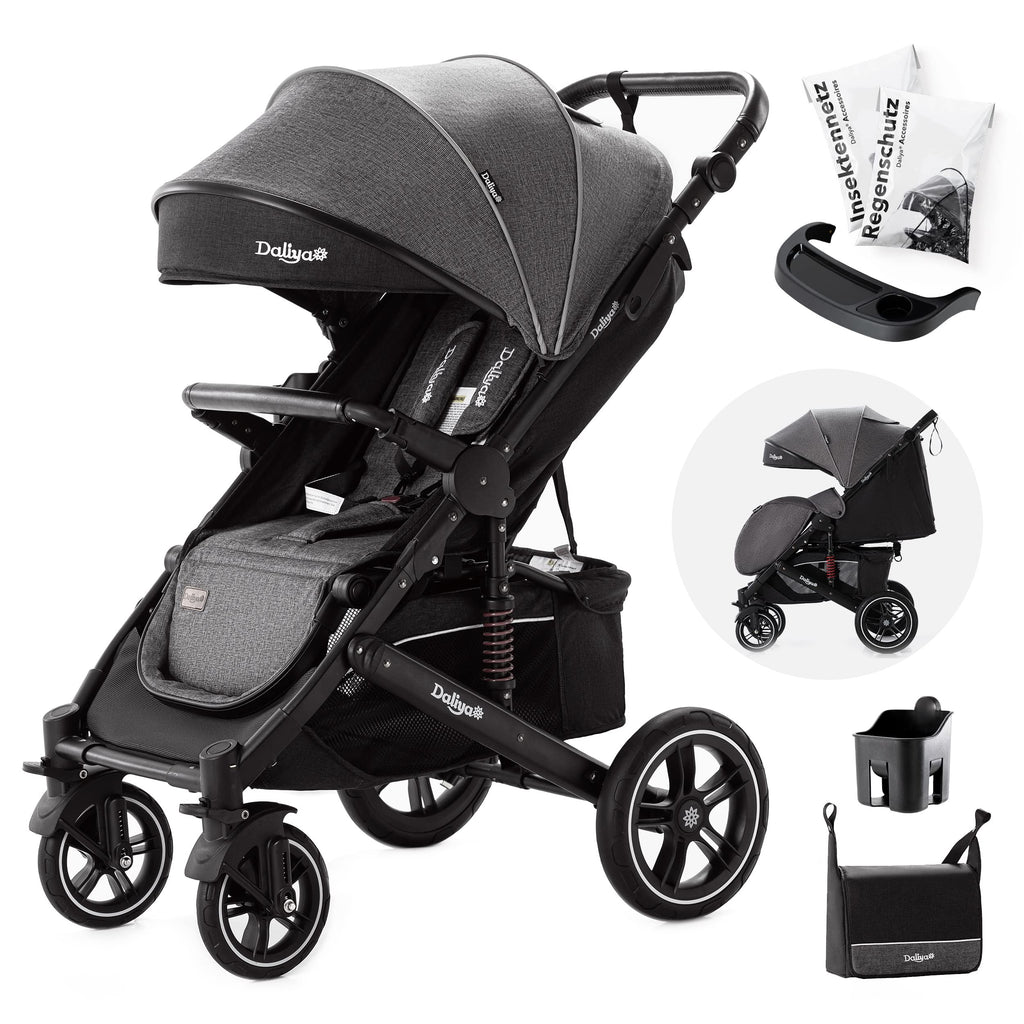 Daliya® Rapidy Buggy Kinderwagen 0-36 Monate Sportwagen mit Liegeposition Wickeltasche, Winterfußsack, Ess- & Spieltisch und mehr (Dunkelgrau - Schwarz)