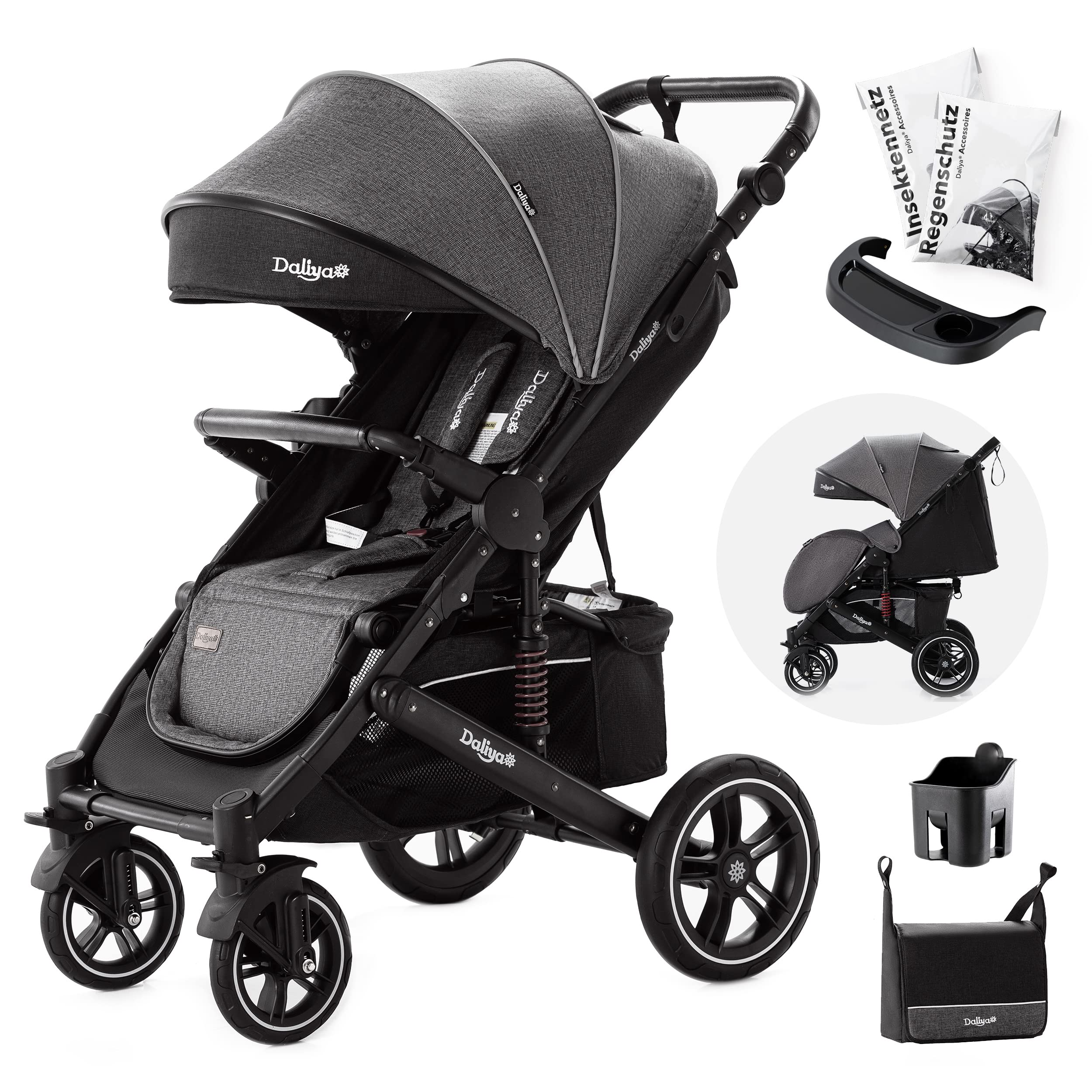 Daliya® Rapidy Buggy Kinderwagen 0-36 Monate Sportwagen mit Liegeposition Wickeltasche, Winterfußsack, Ess- & Spieltisch und mehr (Dunkelgrau - Schwarz)