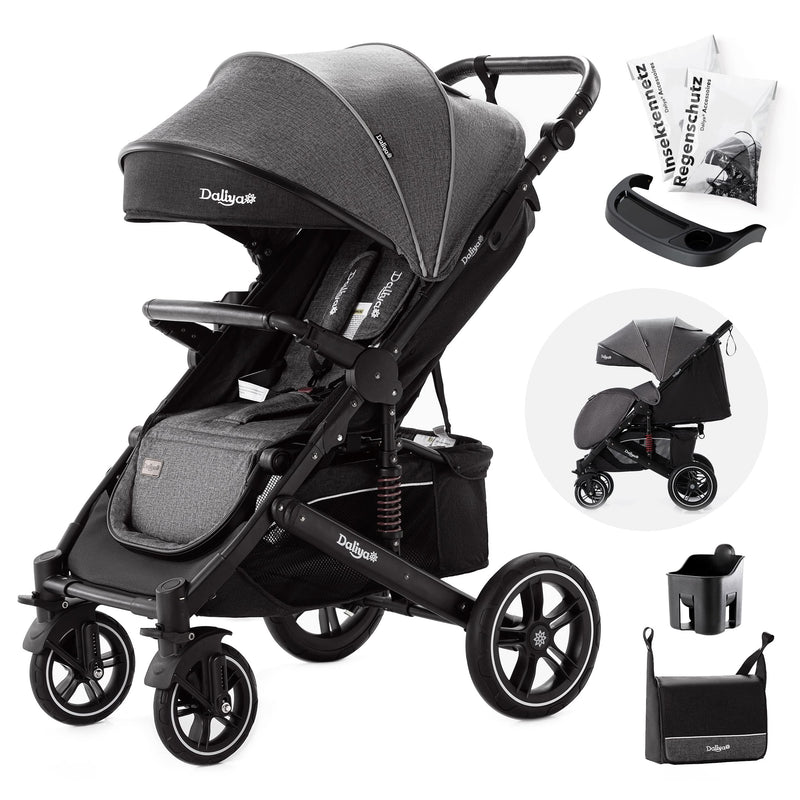 Daliya® Rapidy Buggy Kinderwagen 0-36 Monate Sportwagen mit Liegeposition Wickeltasche, Winterfußsack, Ess- & Spieltisch und mehr (Dunkelgrau - Schwarz)
