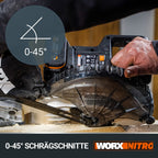 WORX WX845.9 NITRO Akku Paneelsäge 20V – multifunktionale Säge zum Zug-, Kapp-, & Gehrungssägen – 0-45° Schrägschnitte – 220mm in Holz – sicher & bequem dank XtraHand-Klemme – ohne Akku & Ladegerät