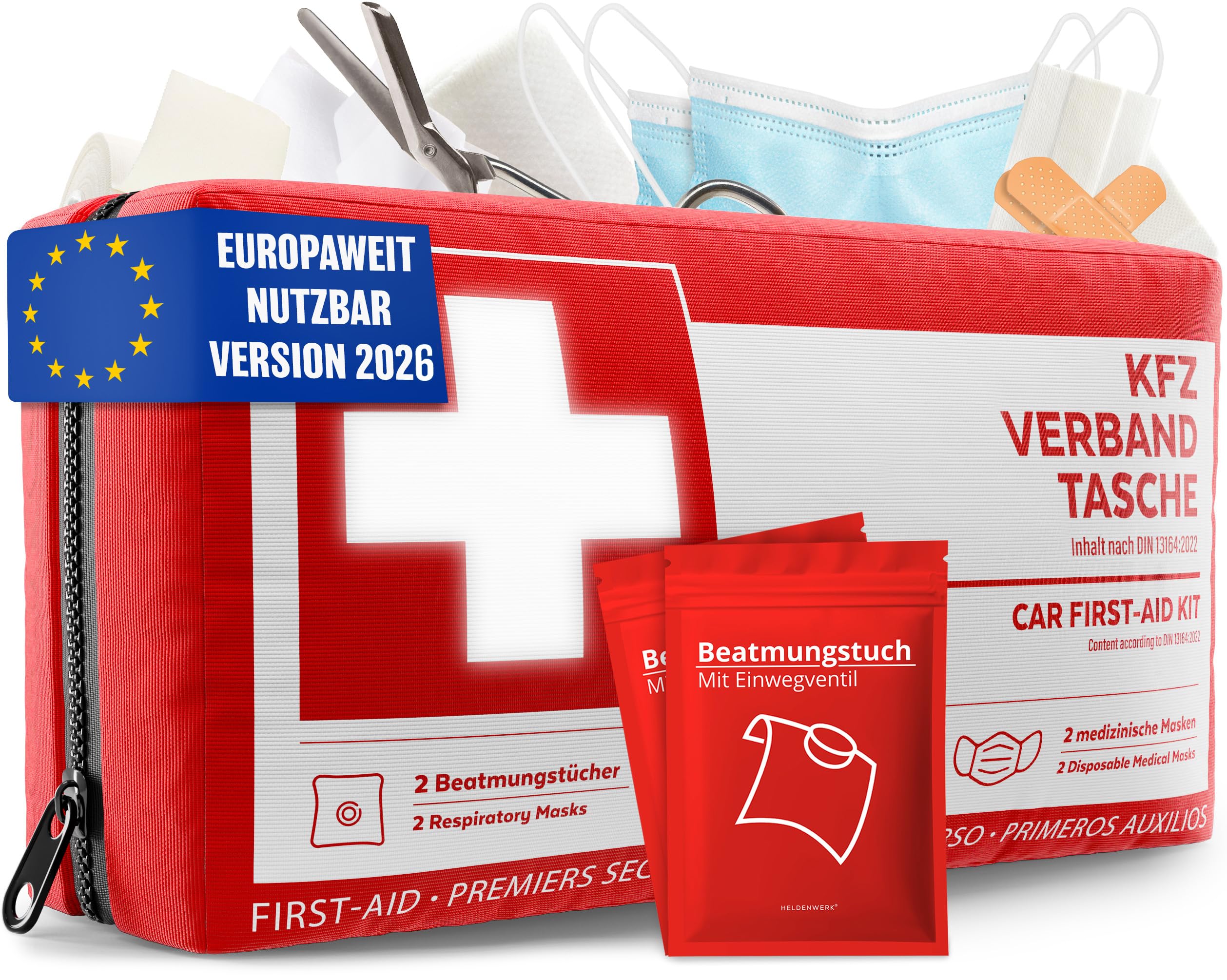 KFZ Verbandstasche nach aktueller Norm 2026 inkl. Beatmungstüchern - KFZ Verbandskasten europaweit nutzbar - Erste Hilfe Set Verbandkasten DIN 13164:2022 (StVO konform)