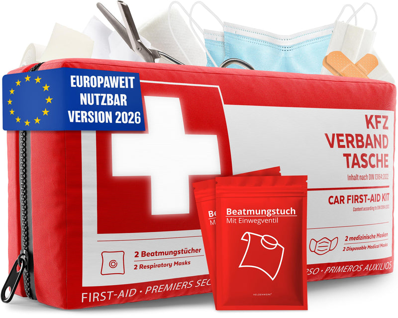 KFZ Verbandstasche nach aktueller Norm 2026 inkl. Beatmungstüchern - KFZ Verbandskasten europaweit nutzbar - Erste Hilfe Set Verbandkasten DIN 13164:2022 (StVO konform)