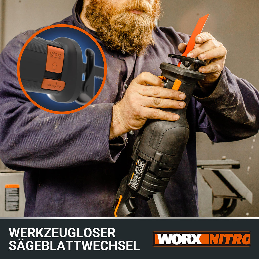 WORX WX516.9 NITRO Akku-Säbelsäge 20V - stark bürstenloser Motor - schneller Sägelblattwechsel - variable Schnittgeschwindigkeit - LED Licht - inkl. Holz- & Metallsägeblatt - ohne Akku & Ladegerät