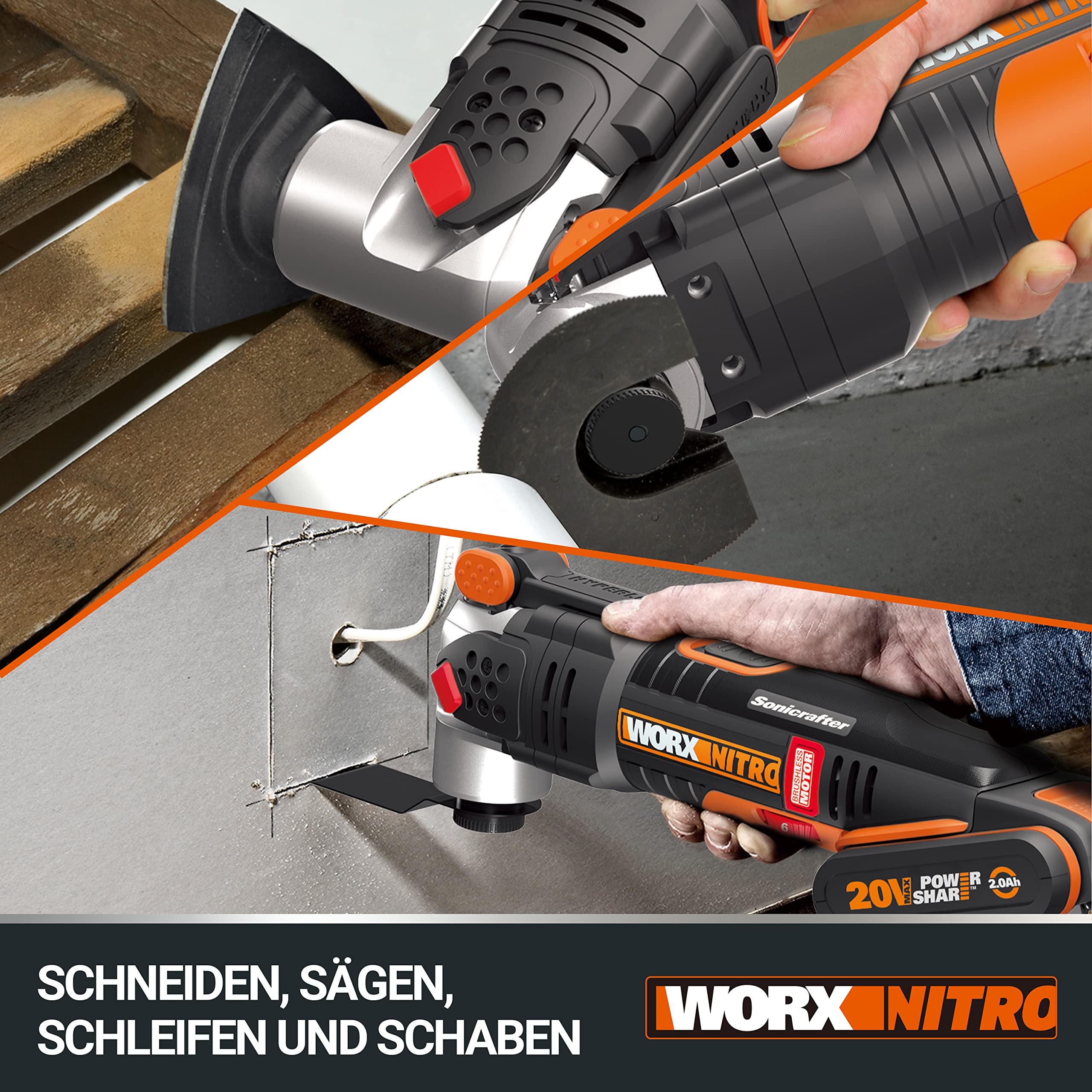 WORX WX693.9 Nitro Sonicrafter Akku Multifunktionswerkzeug 20V – bürstenloser Motor – vielseitig zum Schneiden, Polieren, Sägen uvm. – für Bearbeitung verschiedener Materialien – ohne Akku & Ladegerät