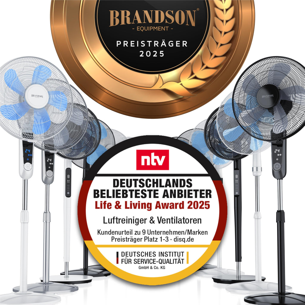 Brandson - DC Standventilator energiesparend ECO - Fernbedienung - Brushless Silent Motor, sehr leise – Preisträger 2025-80° Oszillation - Ventilator Timer – 12 Stufen - LED Display