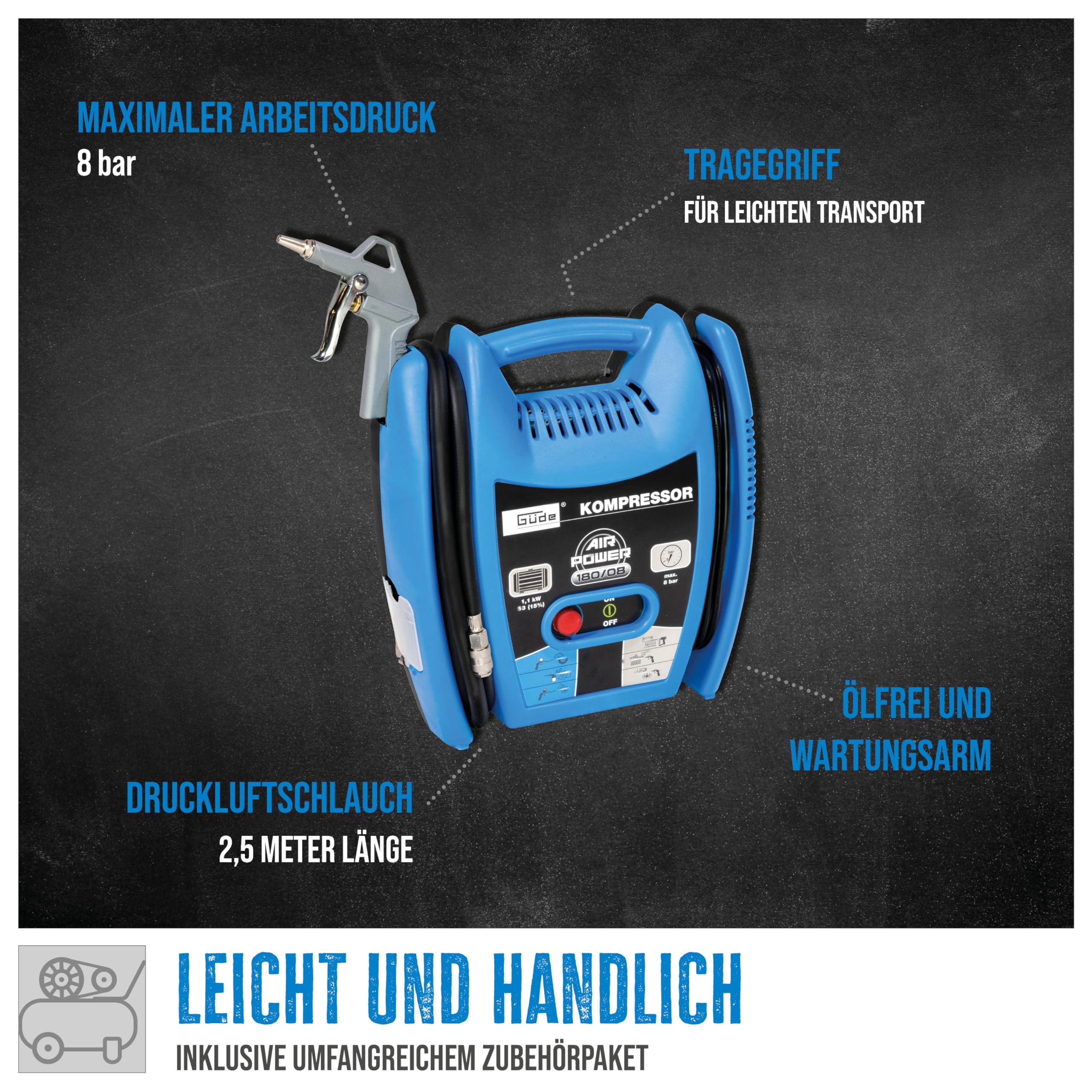 Güde Kompressor Airpower 180/08 (ölfrei & wartungsarm, Riemenantrieb, 8 bar, 1100 W, eff. Liefermenge 140 l/min, 2,5 m Druckluftschlauch mit Schnellkupplung, inkl. Zubehör)