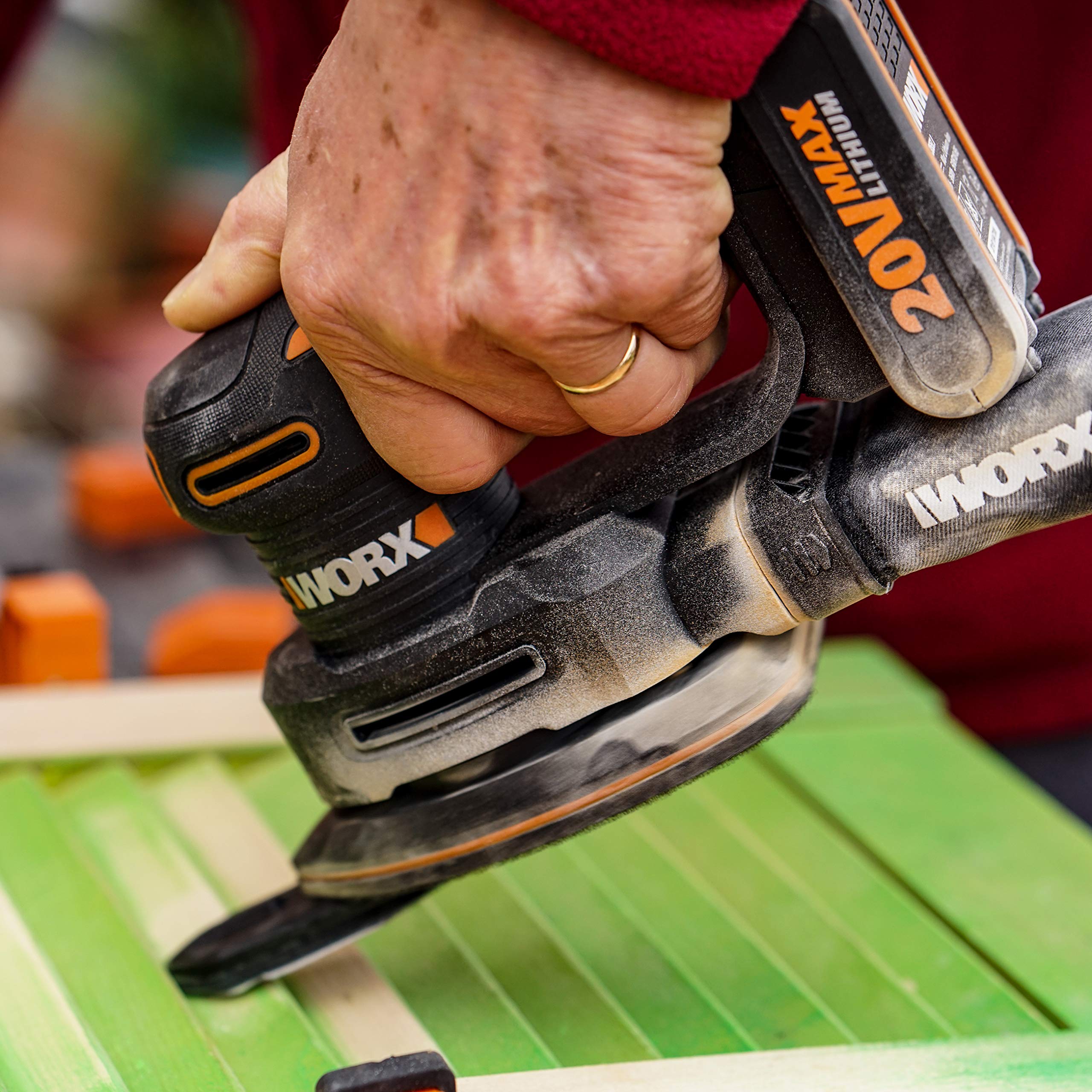 WORX WX822.9 Akku-Dreieckschleifer 20V – Elektrische 20V Schleifmaschine für Holzmöbel, Türen, Ecken und Kanten - Schleifen mit Staubfangsack - PowerShare kompatibel - ohne Akku & Ladegerät