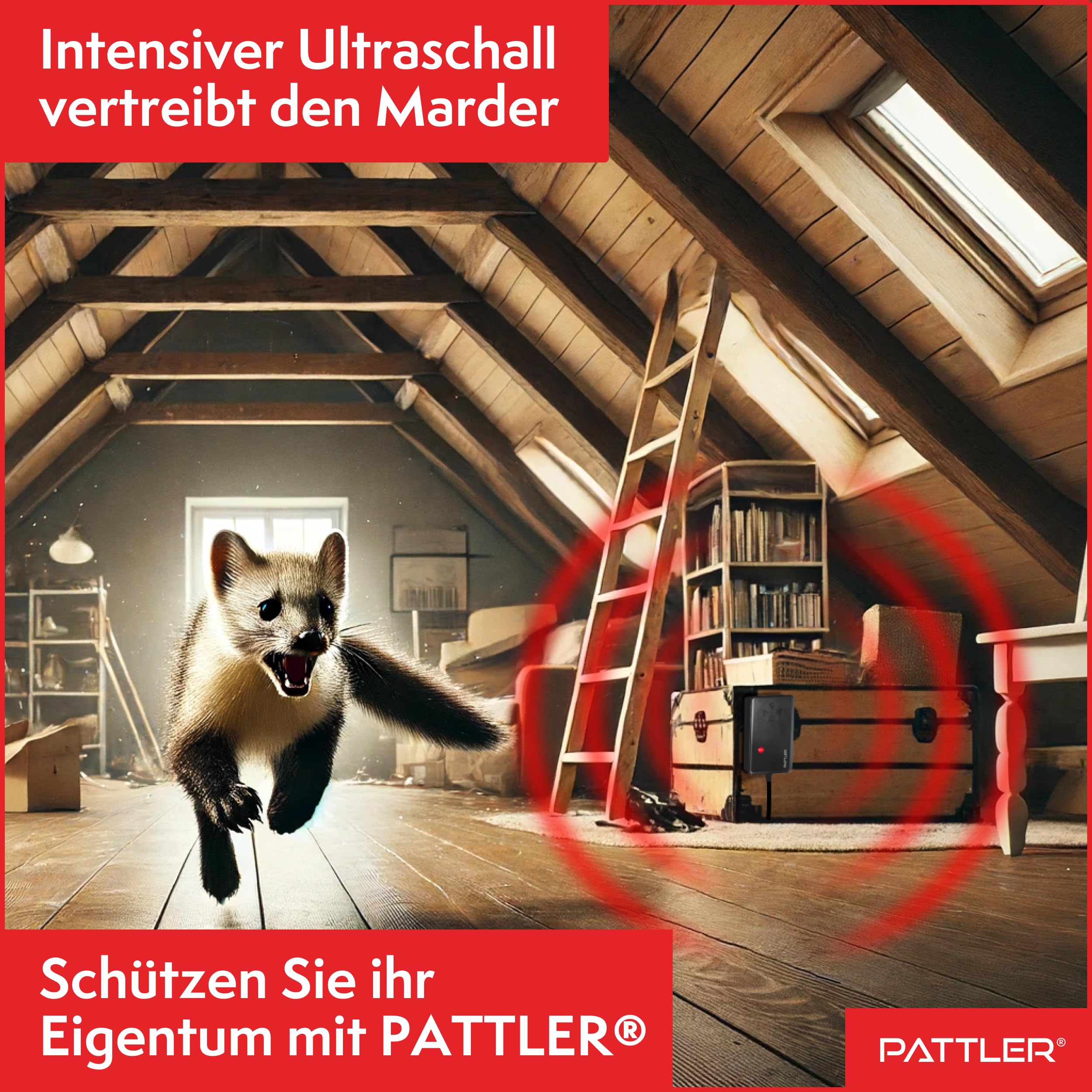 PATTLER ® Marderschreck Auto mit Stecker - für 60m². Marderschreck für Dachboden, Haus, Garten, Garage. Anschluss an Steckdose. Marderabwehr Dachboden mit Ultraschall - 1 Stück