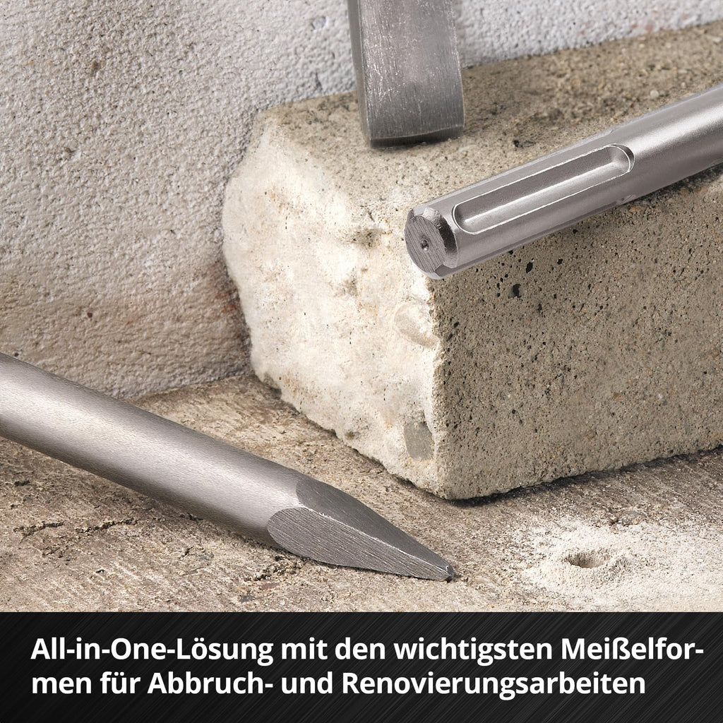 Original Einhell 3-tlg. SDS Max Meißel-Set, 400 mm (mit Spitzmeißel, 20 mm breitem Flachmeißel, und 40 mm breitem Spatmeißel aus langlebigem 40Cr Stahl für Abbruch- und Renovierungsarbeiten)