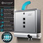 KESSER® Briefkasten Edelstahl mit Zeitungsfach Namensschild, Sichtfenster, gebürstet, 3X Schlüssel abschließbar, Pulverbeschichtet, Wandmontage, groß, inkl. Montagematerial Silber