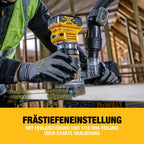 DEWALT 18V Akku-Kombifräse (einsetzbar als Ober- oder Kantenfräse, bürstenloser Motor, 6-8 mm Werkzeugaufnahme, max. Fräs-ø: 36 mm, Fräskorbhub: 55 mm, Lieferung ohne Akku & Ladegerät), DCW604NT-XJ