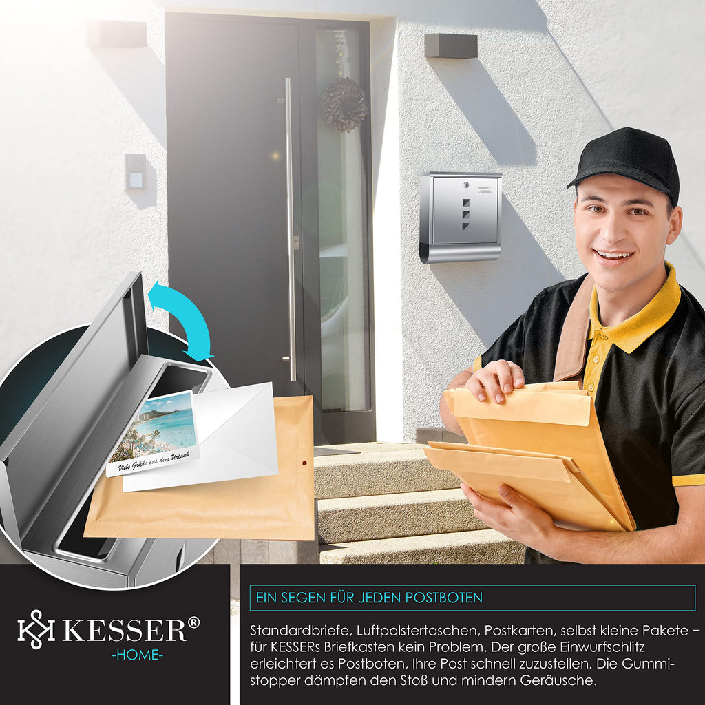 KESSER® Briefkasten Edelstahl mit Zeitungsfach Namensschild, Sichtfenster, gebürstet, 3X Schlüssel abschließbar, Pulverbeschichtet, Wandmontage, groß, inkl. Montagematerial Silber