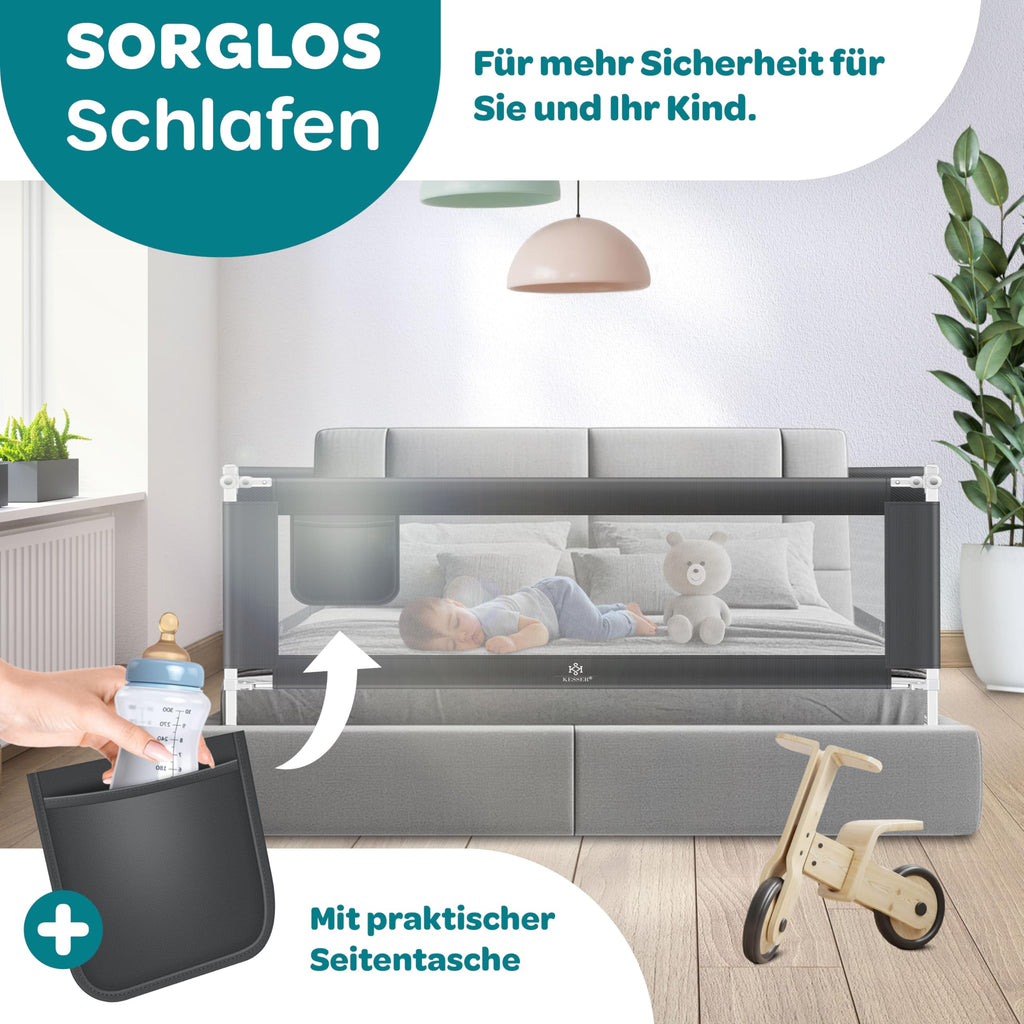 KESSER® Bettschutzgitter 150cm Reise Bett Rausfallschutz verstellbar Bed Guard Rail Bumper, Kinder/Baby, Bettgitter Klappbar, Kinderbett Kinderbettschutzgitter, Tasche, Dunkelgrau, Höhe: 72 bis 96cm
