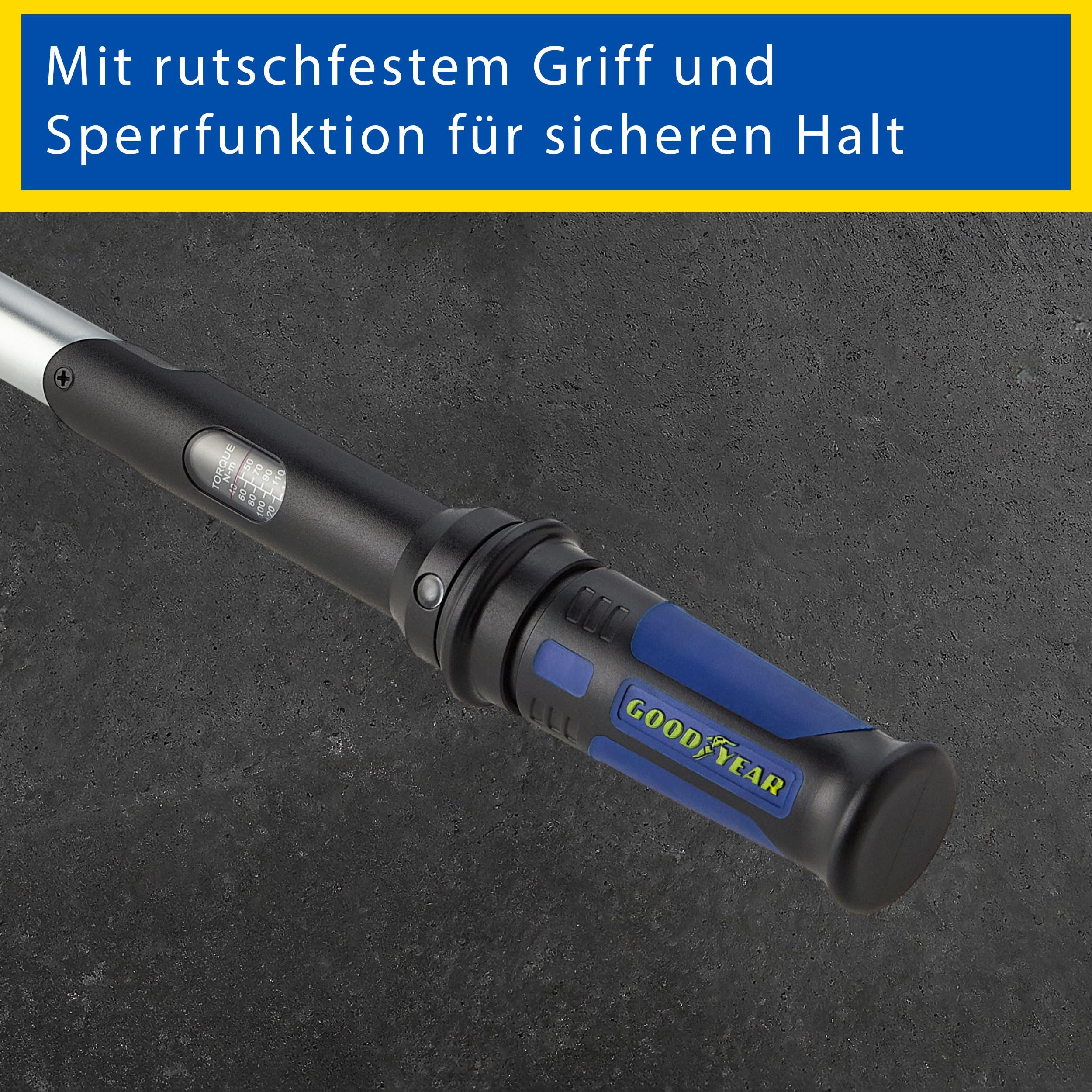Goodyear Radwechselset, 6-teilig, Drehmomentschlüssel + Umschaltknarre + 3-tlg. Steckschlüsselsatz + Verlängerung, Box, Schwarz