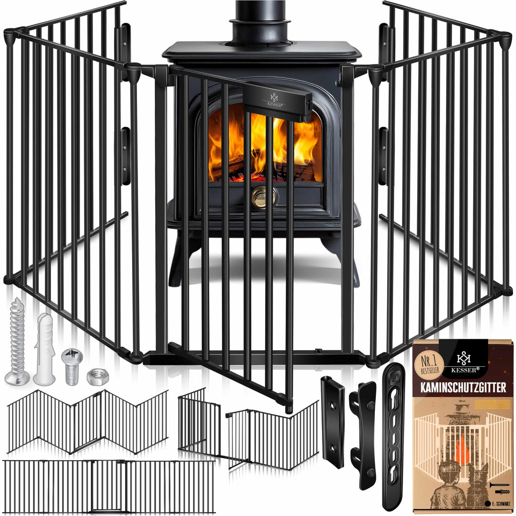 KESSER® Kaminschutzgitter mit Tür 305 cm Metall Ofenschutzgitter Laufgitter Laufstall Absperrgitter Tierschutzgitter Türschutzgitter für Kinder-Sicherung, 5-teilig Elemente (je 60 x 75 cm) Schwarz