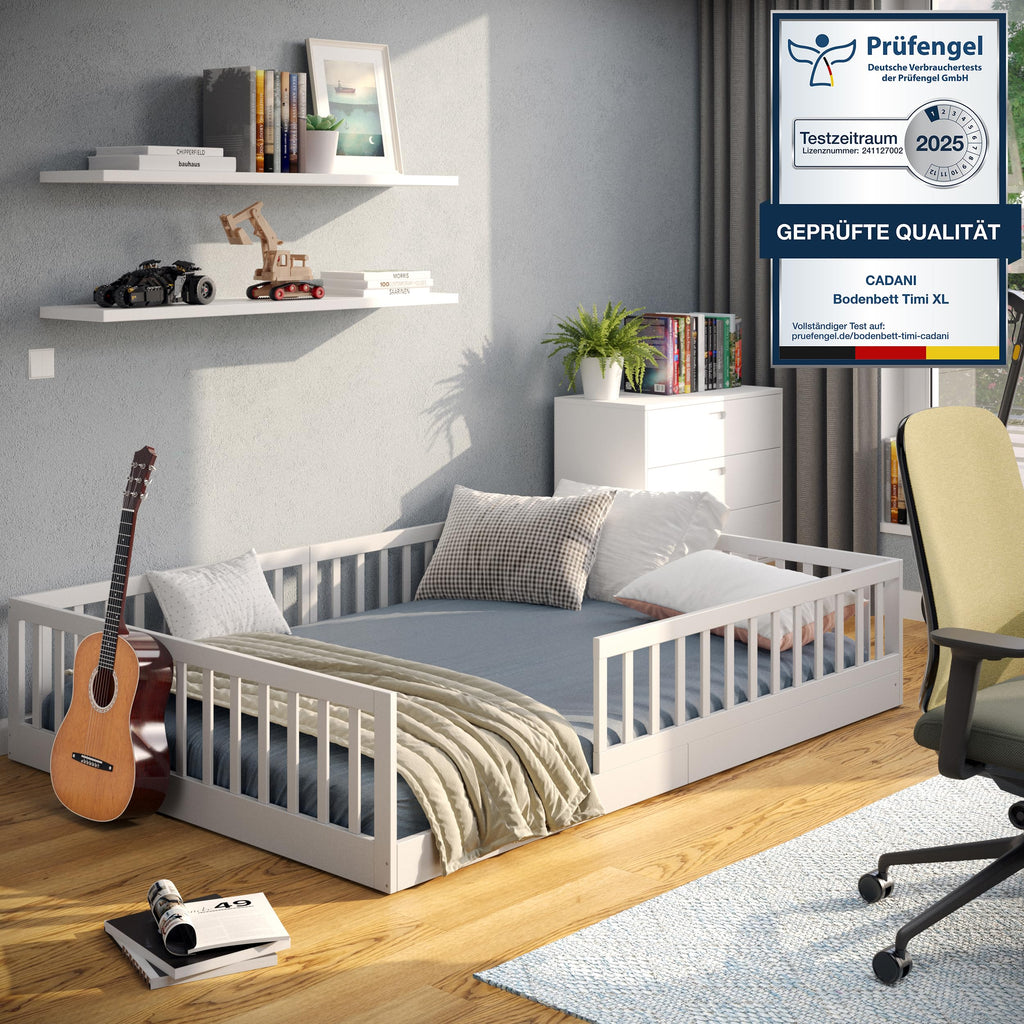 CADANI Timi Kinderbett 140x200 cm Bodenbett, Rausfallschutz abnehmbar, bis 200 kg belastbar, Roll-Lattenrost, Montessori Kiefer Massivholz Bett, 3 Aufbauvarianten, Umbaubar, Weiß