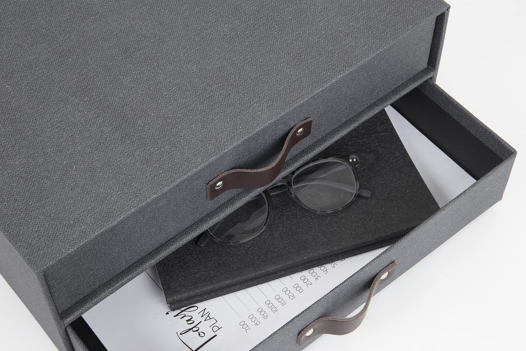 BIGSO BIRGER Schubladenbox – Aufbewahrungsbox mit 2 Schubladen – Schreibtisch Ablage für Dokumente & Bürobedarf – Ablagesystem aus recycelter Faserplatte und Papier – schwarz