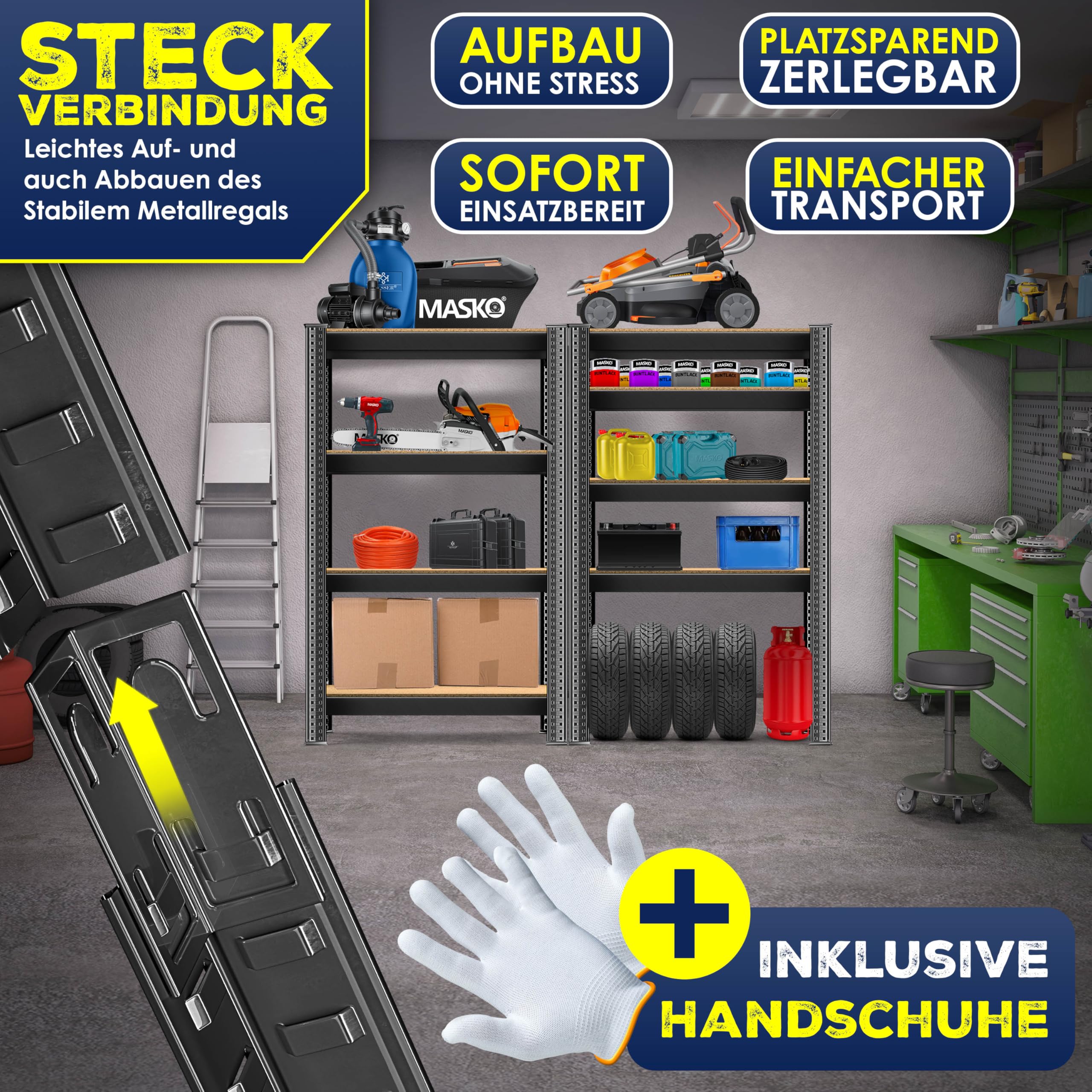 MASKO® 2er-Set Lagerregal Schwerlastregal, Kellerregal, 160 x 80 x 40 cm, bis 700kg belastbar, 4 verstellbare Ablagen, MDF-Platten Regal aus Metall, Steckregal, Werkstattregal, Keller, Garage Schwarz