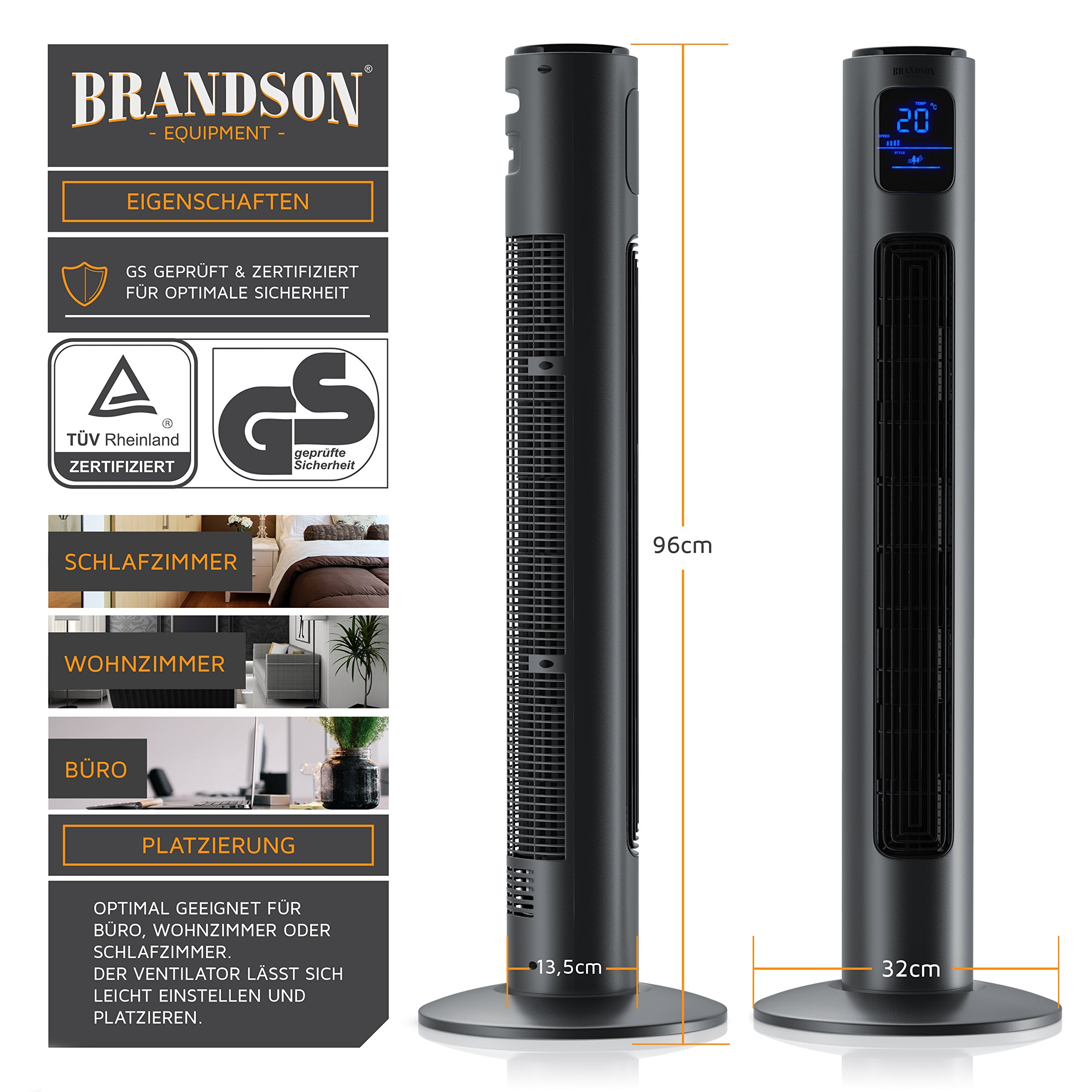 Brandson - Turmventilator mit Fernbedienung 96 cm - Preisträger 2025 - mobiler Lüfter leise - Standventilator mit Oszilation - 3 Geschwindigkeiten 3 Lüftungs-Modi Timer - Ventilator mit GS - Cool Grey