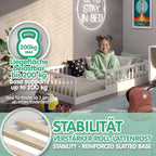 CADANI Timi Bodenbett 90x200 cm, bis 200 kg belastbar, Rausfallschutz abnehmbar, Montessori Kinderbett aus Kiefer Massivholz inkl. Roll-Lattenrost, Weiss