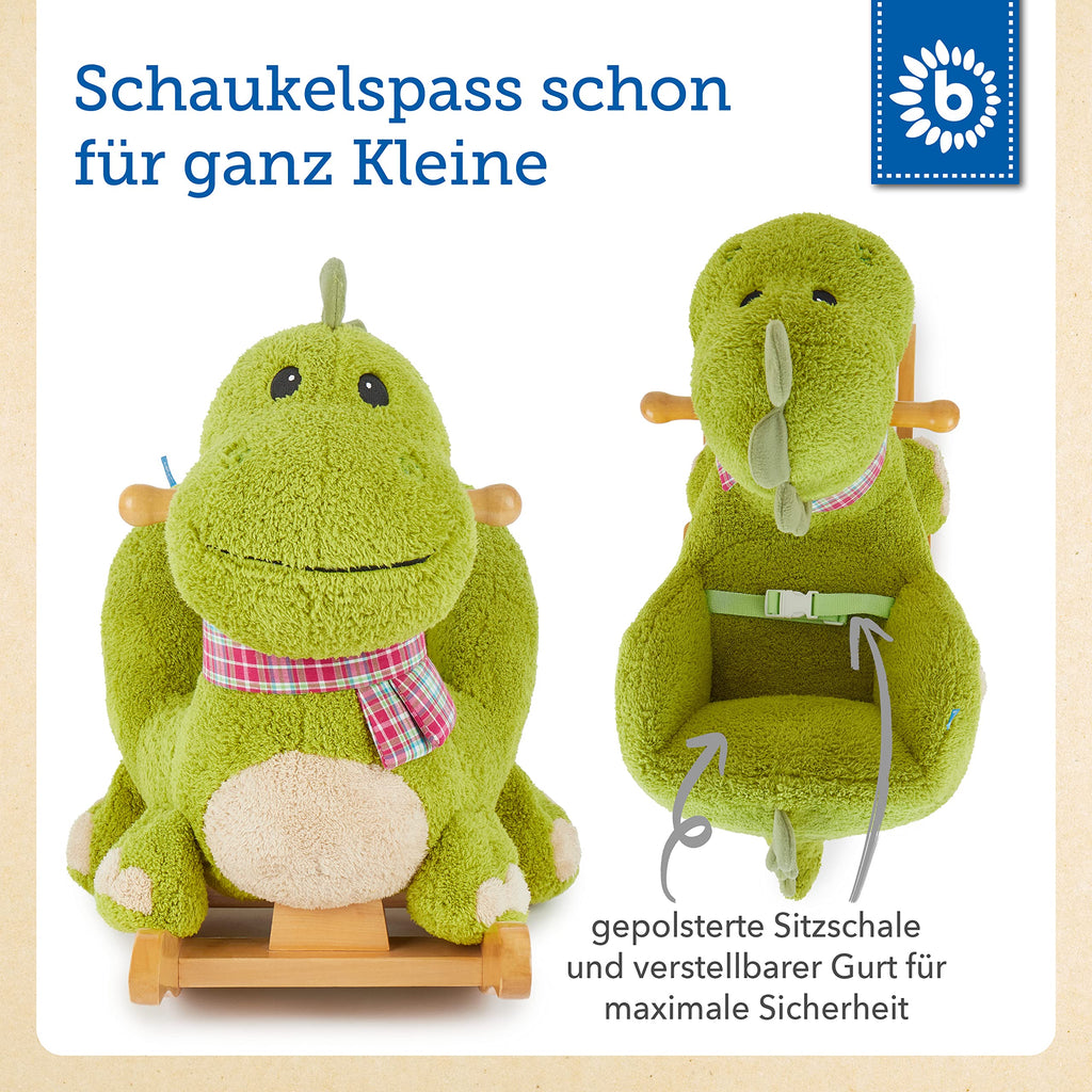 Bieco Plüsch Schaukeltier Dino | Kinder Schaukelstuhl mit Sicherheitsgurt | Schaukel Kleinkind | Schaukeltier Baby Zimmer | Baby Schaukelwippe ab 9 Monate | Schaukelpferd Holz