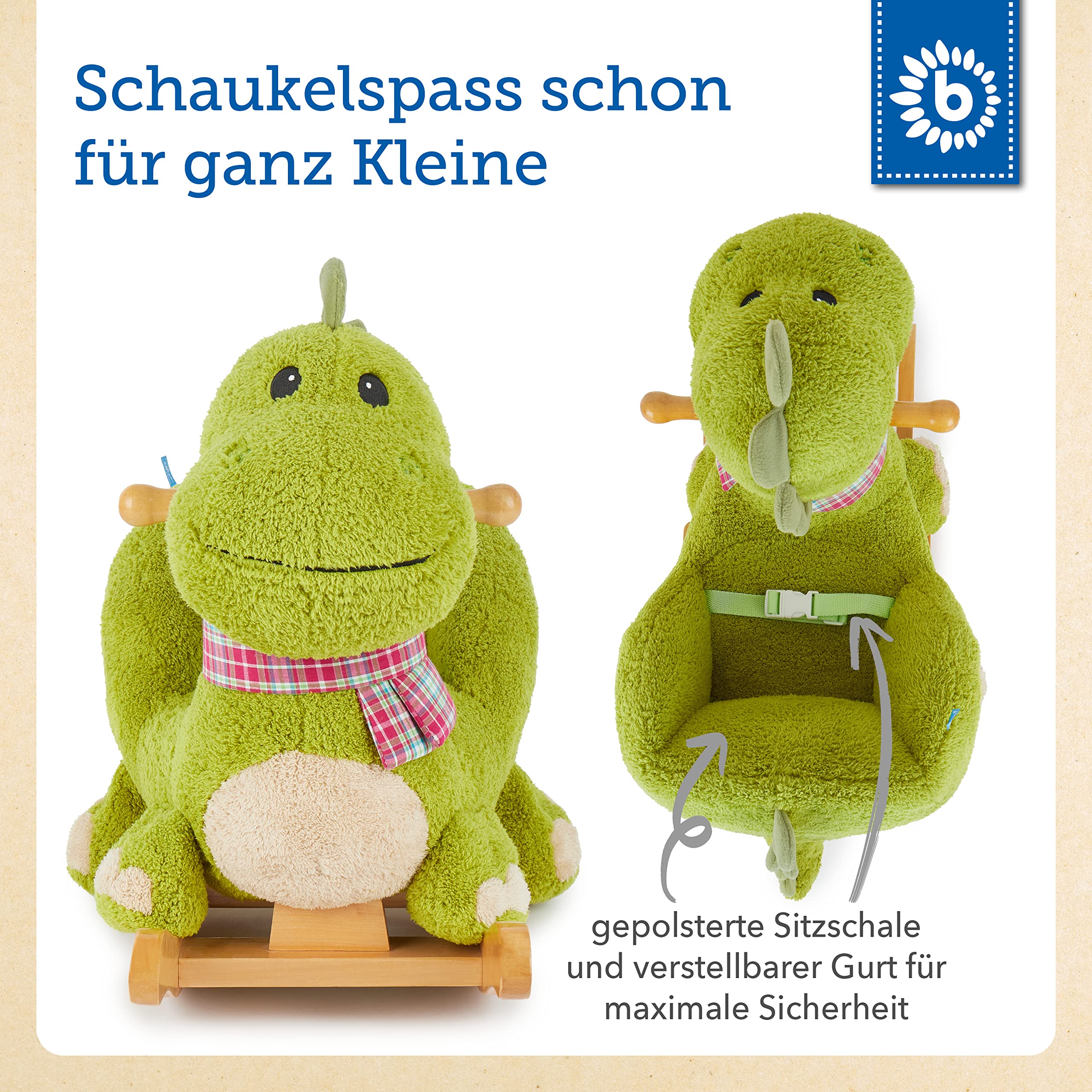 Bieco Plüsch Schaukeltier Dino | Kinder Schaukelstuhl mit Sicherheitsgurt | Schaukel Kleinkind | Schaukeltier Baby Zimmer | Baby Schaukelwippe ab 9 Monate | Schaukelpferd Holz