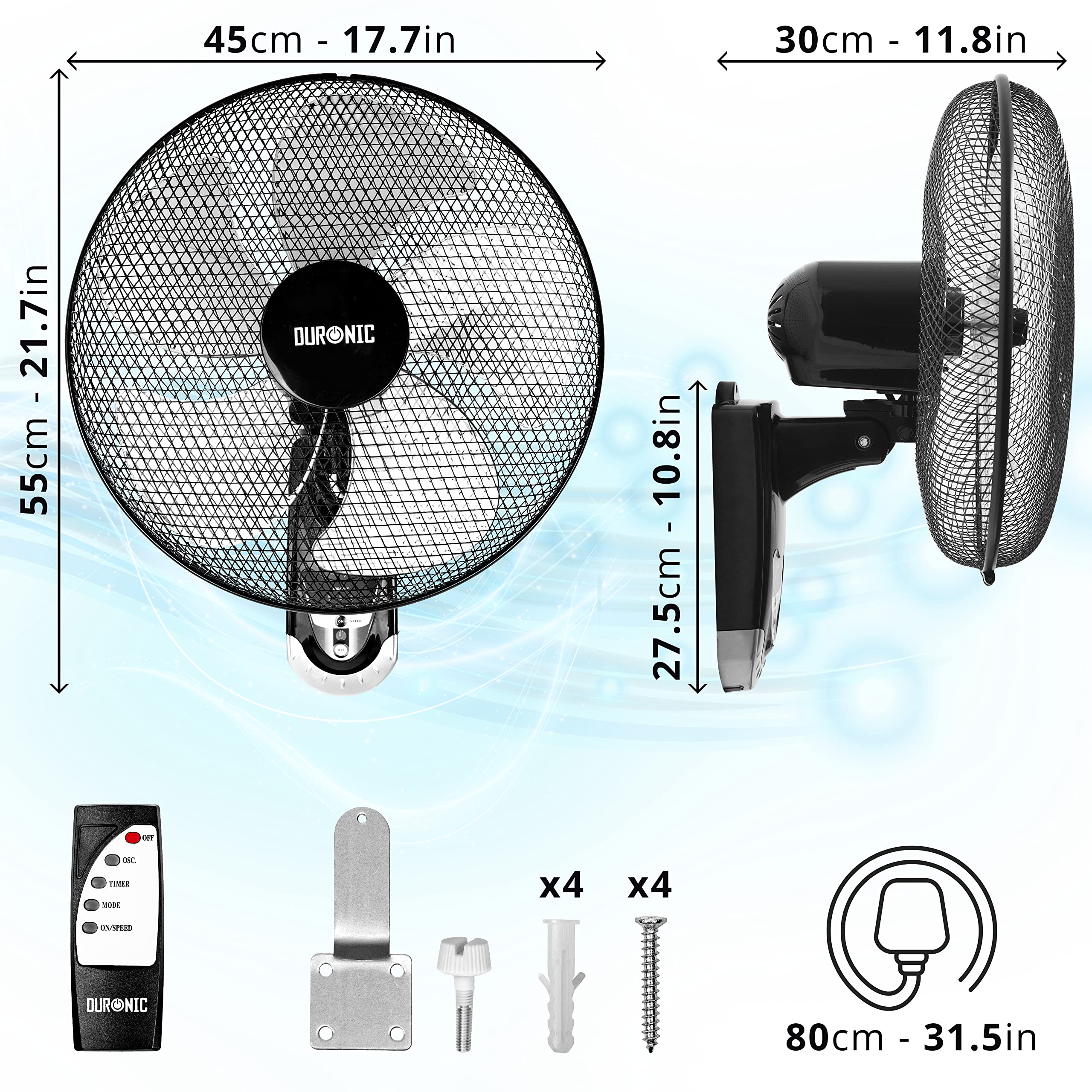 Duronic FN55 BK Wandventilator 60W | Durchmesser 40 cm | Ventilator mit Timer und Fernbedienung | 3 Geschwindigkeiten | Kompakter und leiser Raumventilator für die Wand | Oszillierender Wandlüfter
