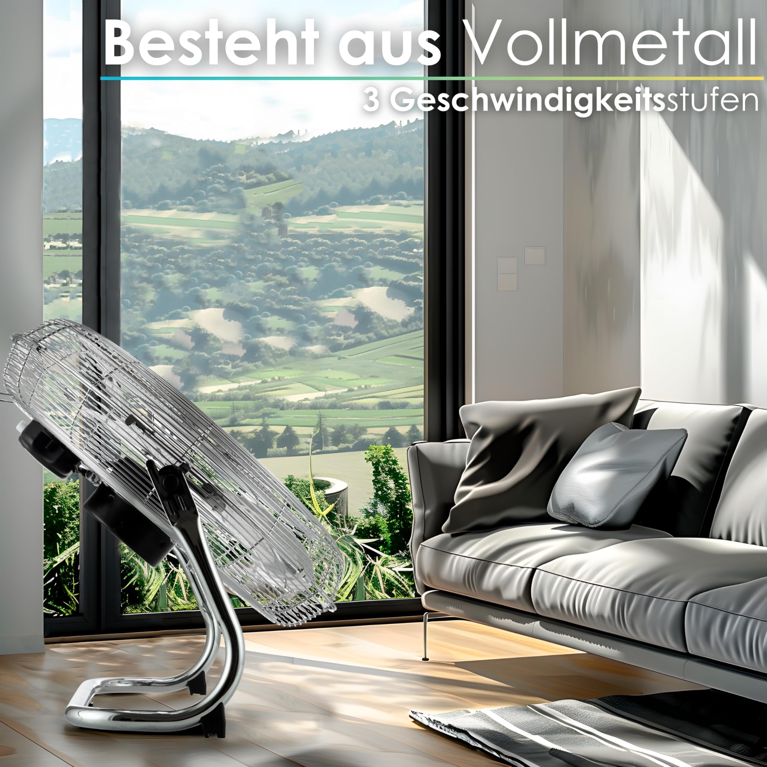 Echos Bodenventilator | Ø46 cm | 102 m³/min Luftdurchsatz | 1.250 U./min | 3 Geschwindigkeitsstufen | Power Windmaschine | Luftkühler | Standlüfter | Raumkühler | Ventilator (Vollmetall)