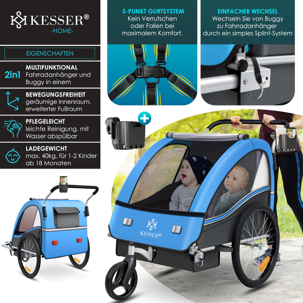 KESSER® Kinderfahrradanhänger Sport-RX 2in1 Jogger & Buggy 5-Punkt-Gurt Sicherheitsgurt 360° Vorderrad Kinderfahrradanhänger Reflektoren für 1-2 Kinder (max. 40 kg) Getränkehalter & Smartphonefach