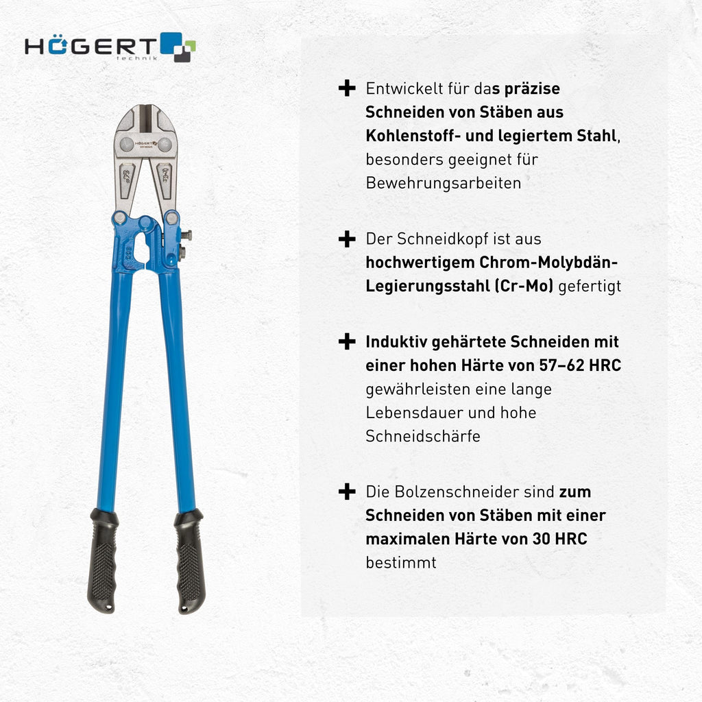 HÖGERT TECHNIK - Bolzenschneider Stangenschere 600mm - Professionelle Kompakt Bolzenschere - Extra gehärtete Schnittkanten – Hochwertiger Chrom-Molybdän-Stahl
