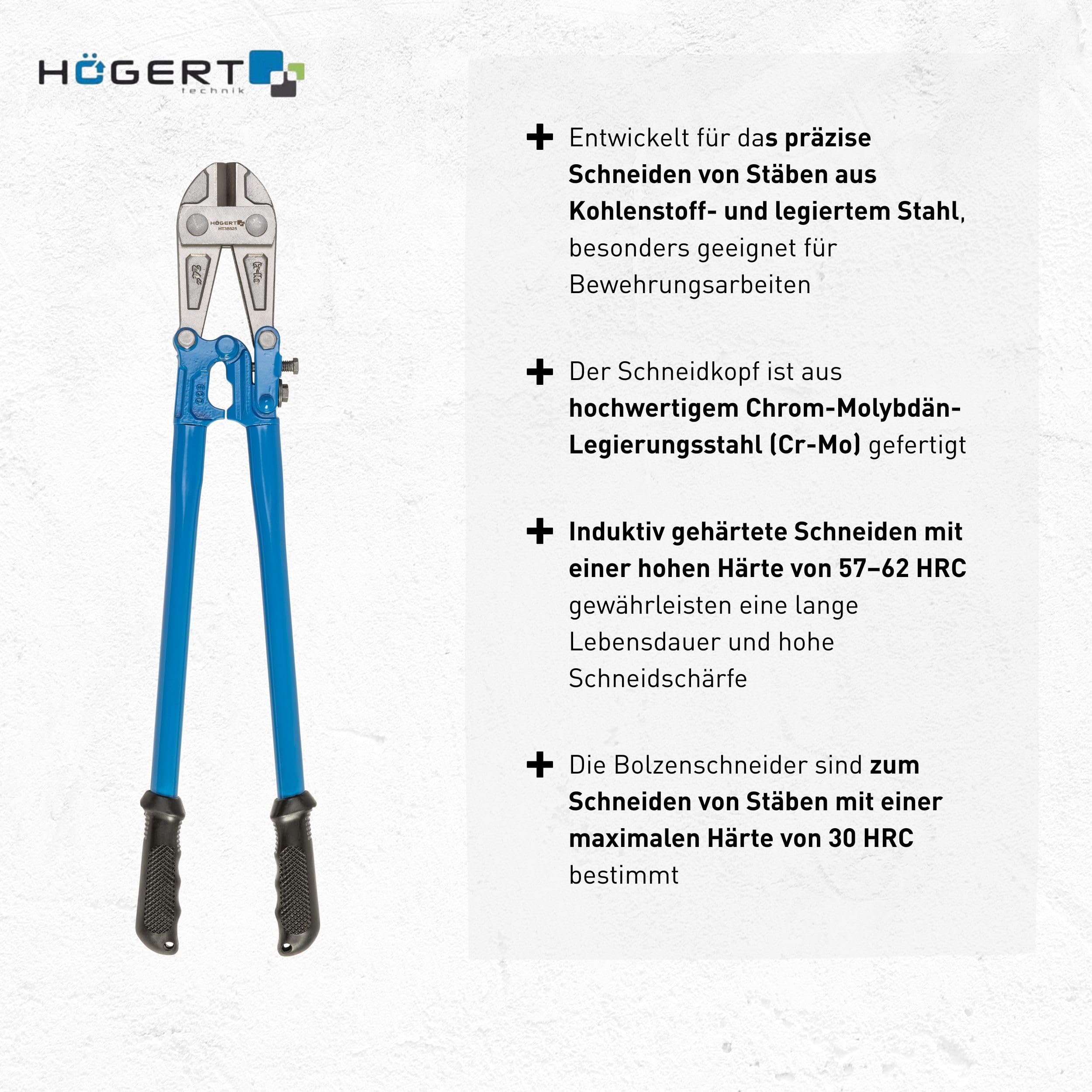 HÖGERT TECHNIK - Bolzenschneider Stangenschere 600mm - Professionelle Kompakt Bolzenschere - Extra gehärtete Schnittkanten – Hochwertiger Chrom-Molybdän-Stahl
