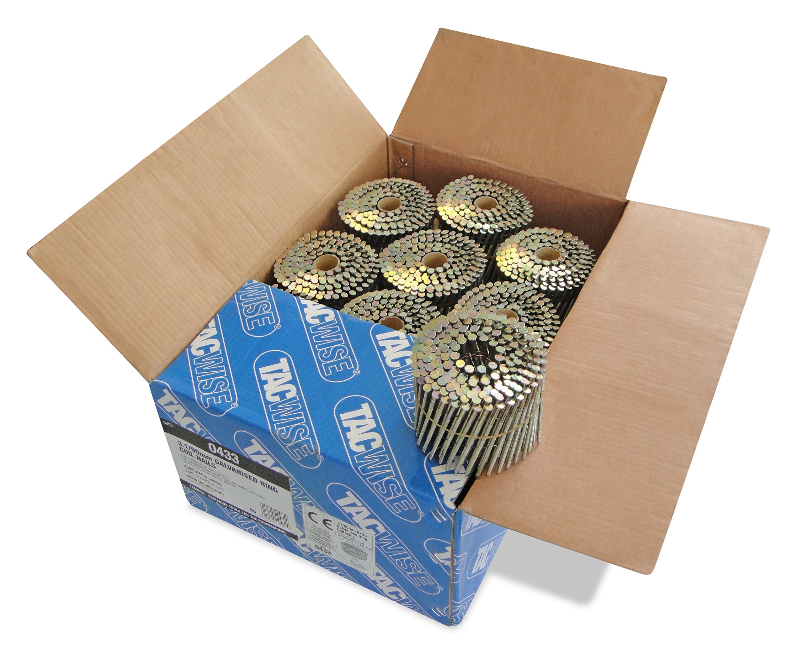 Tacwise 0433 Extra Verzinkte, Flache Coilnägel, Typ 3,1/90 mm, Diamantspitze, Ringschaft, 16° Geneigt, Drahtgebunden, Packung mit 4000 Stück