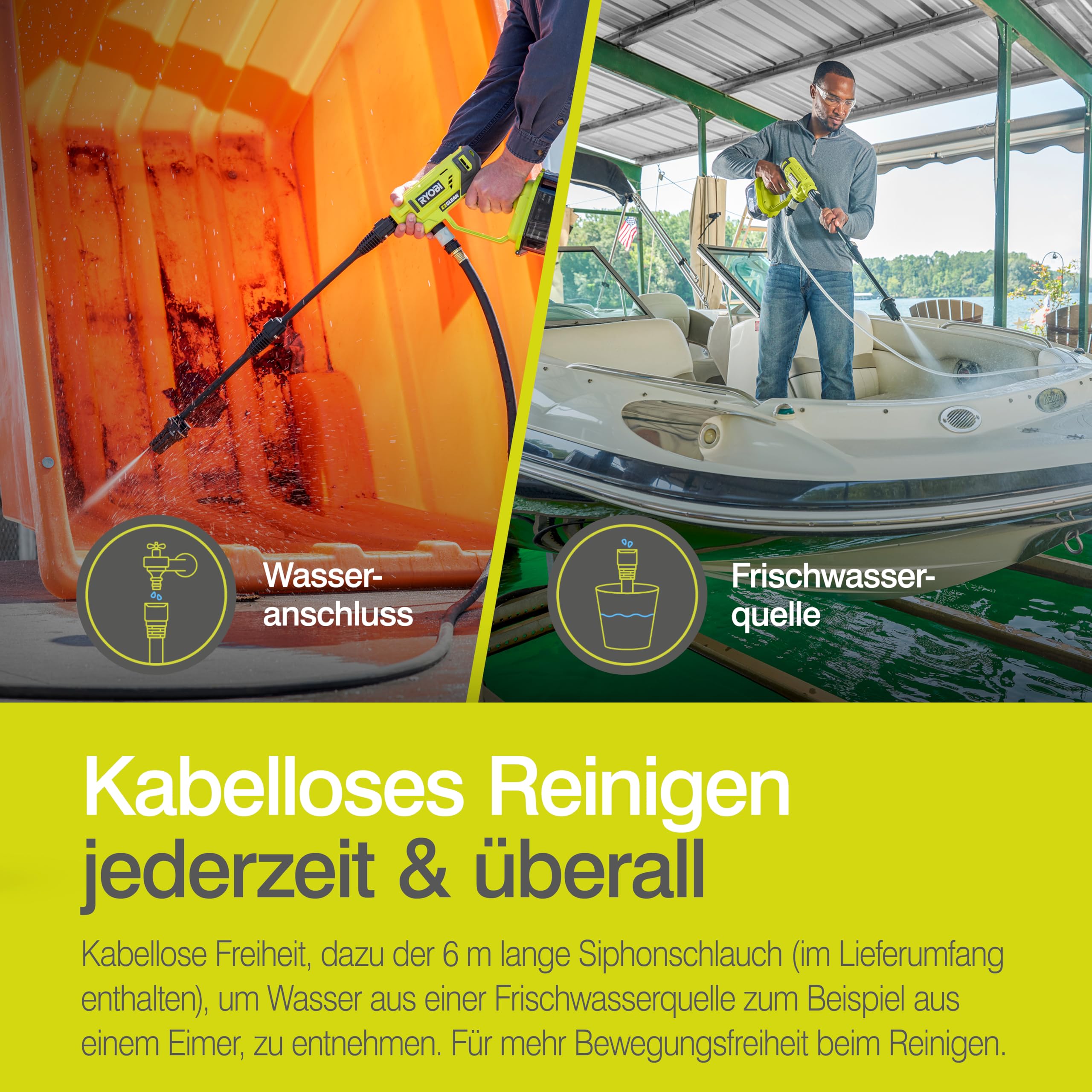 RYOBI 18 V ONE+ Akku-Mitteldruckreiniger RY18PW22A-0, 3in1 Düse, Turbodüse, 15°-Fächerstrahl für die allgemeine Reinigung, ohne Akku & Ladegerät