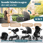 KESSER® Loops 4 in 1 Kinderwagen Kombikinderwagen Komplett-Set inkl. Babywanne & Buggy Sportsitz & Auto-Babyschale Voll-Gummireifen Wickeltasche Regenschutz Kindertisch ECE R129, Schwarz/Schwarz