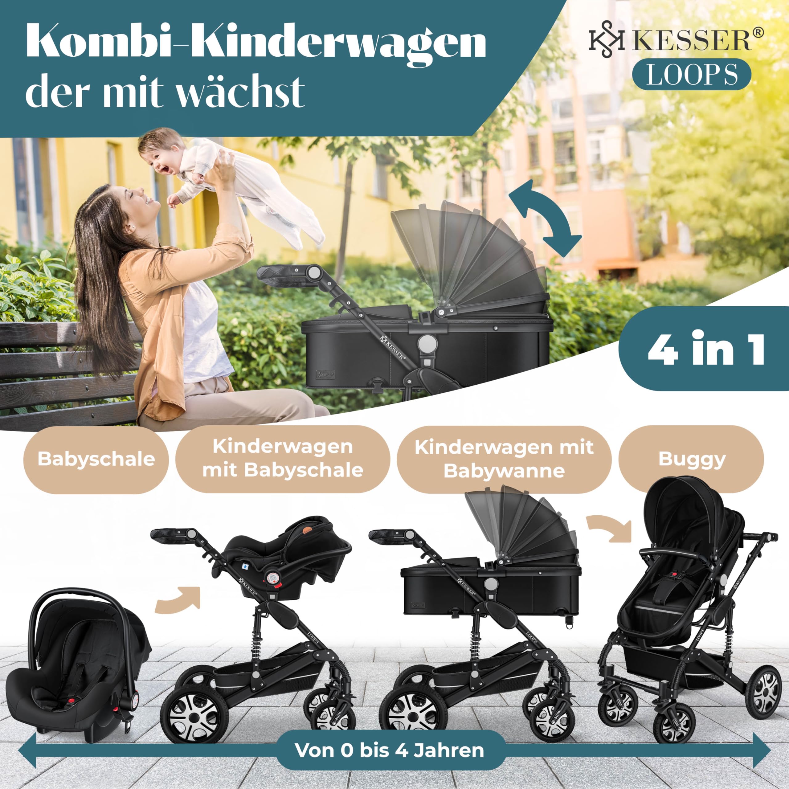 KESSER® Loops 4 in 1 Kinderwagen Kombikinderwagen Komplett-Set inkl. Babywanne & Buggy Sportsitz & Auto-Babyschale Voll-Gummireifen Wickeltasche Regenschutz Kindertisch ECE R129, Schwarz/Schwarz