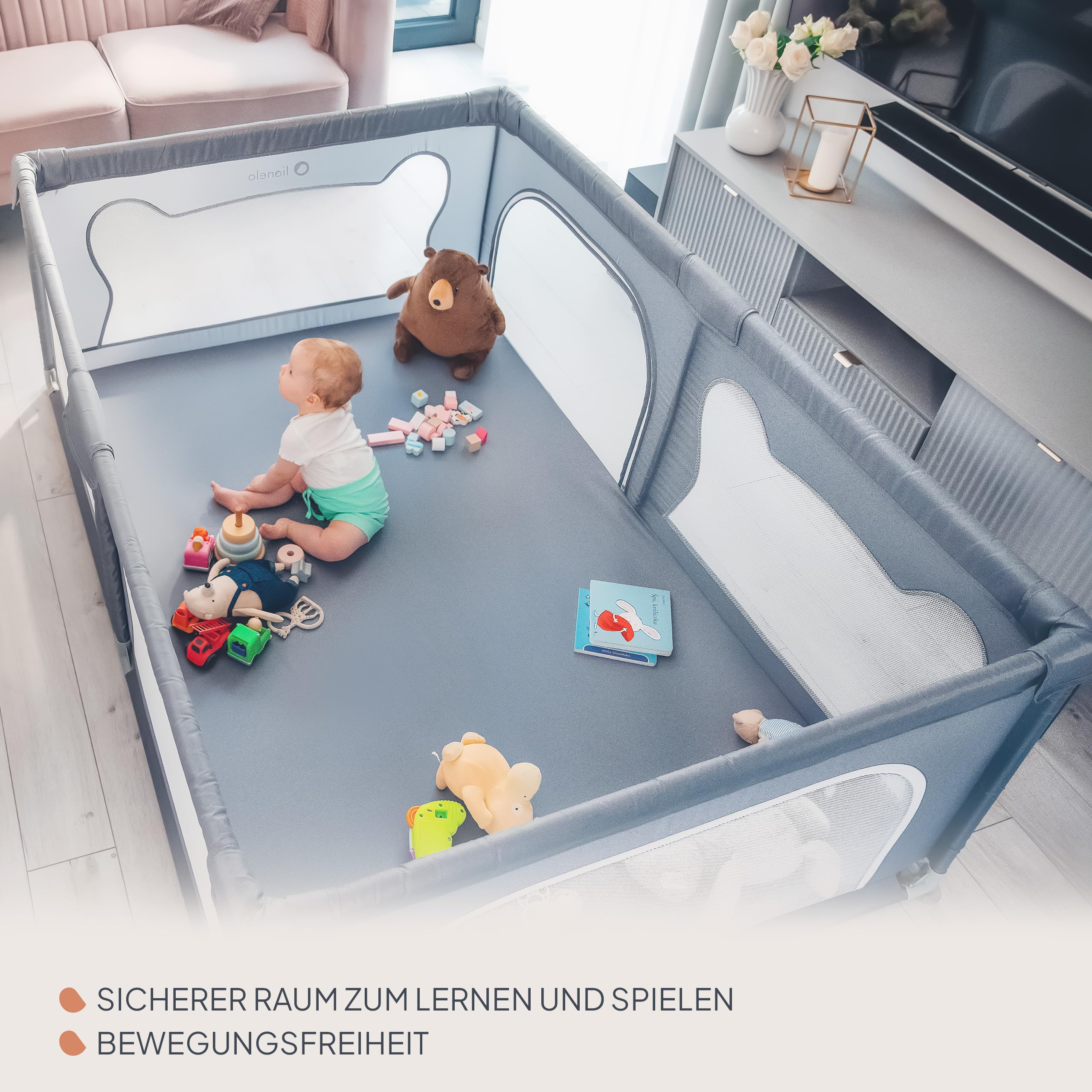 LIONELO WILLOW Laufgitter Baby, ab 0-48 Monaten große Fläche 120 cm x 180 cm x 68 cm mit Seitenwände aus atmungsaktiven, strapazierfähigem Netzstoff, 2 Seitliche Eingänge mit einem Reißverschluss