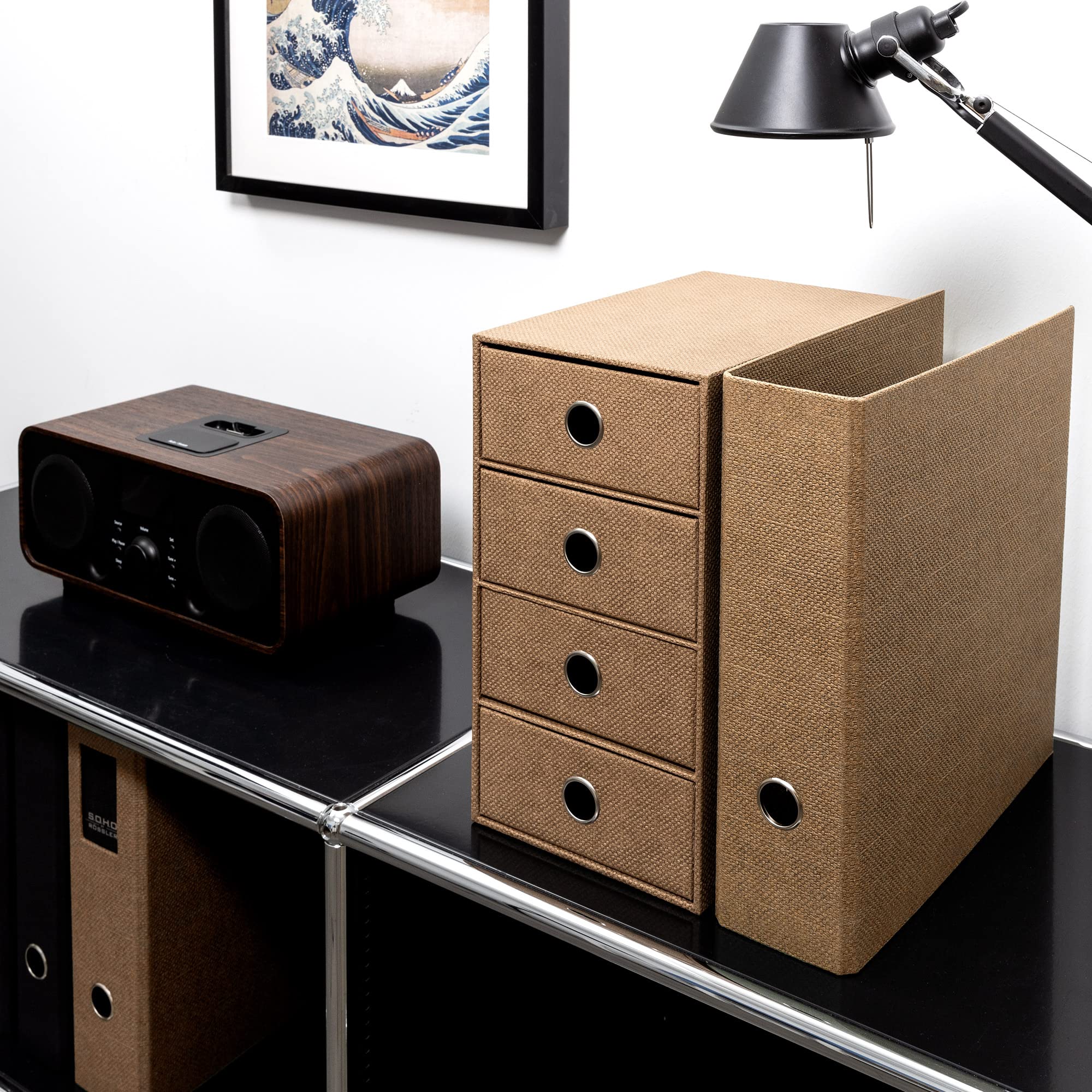 Rössler SOHO 4er Schubladenbox aus Papier | Büro Organizer Schreibtisch | Schubladen Organizer Büro Zubehör & Bürobedarf | Schreibtisch Organizer Box | 18 x 25 x 32 cm | 1 Stück | Farbe: Haselnuss