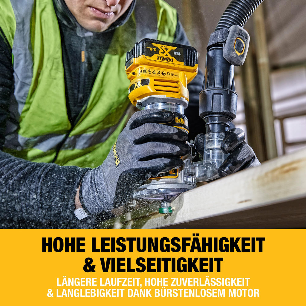 DEWALT 18V Akku-Kombifräse (einsetzbar als Ober- oder Kantenfräse, bürstenloser Motor, 6-8 mm Werkzeugaufnahme, max. Fräs-ø: 36 mm, Fräskorbhub: 55 mm, Lieferung ohne Akku & Ladegerät), DCW604NT-XJ