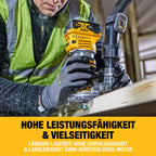 DEWALT 18V Akku-Kombifräse (einsetzbar als Ober- oder Kantenfräse, bürstenloser Motor, 6-8 mm Werkzeugaufnahme, max. Fräs-ø: 36 mm, Fräskorbhub: 55 mm, Lieferung ohne Akku & Ladegerät), DCW604NT-XJ
