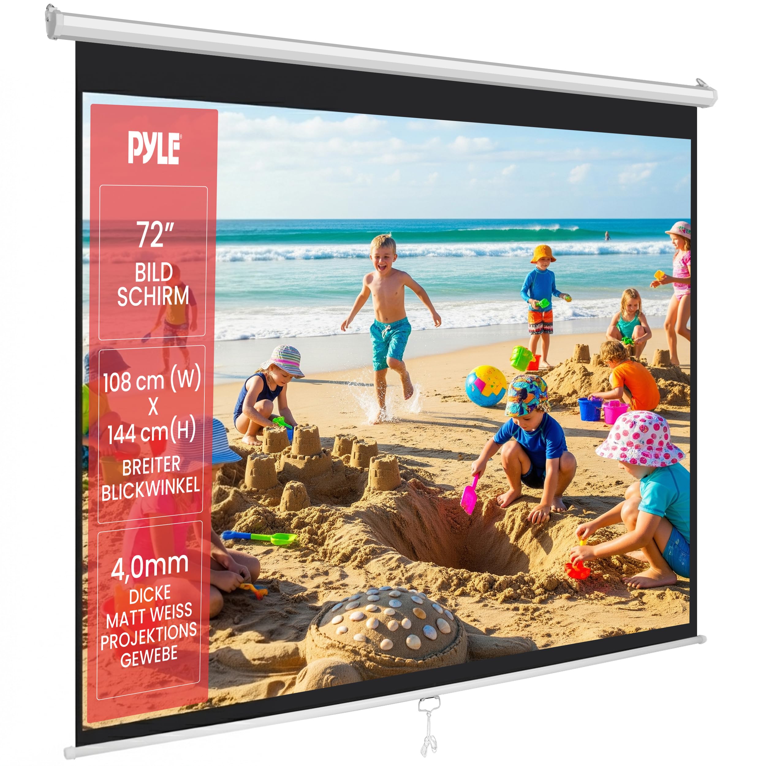 Pyle Beamer Rollo-Leinwand, 72 Zoll, 144x107 cm 4:3, Full-HD & 4K-kompatibel, Ausziehbar, Projektor- Leinwand für Wand/Decke, ideal für Heimkino & Präsentationen