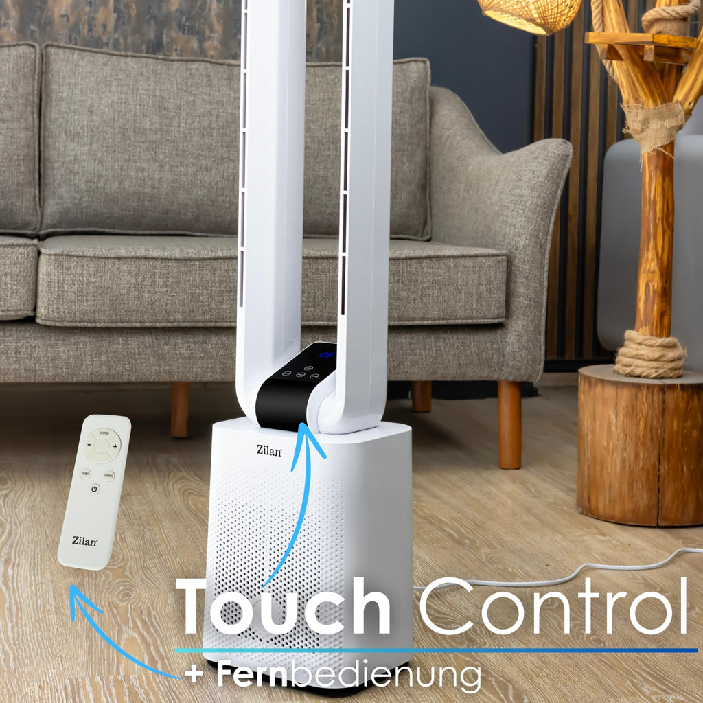 Zilan Turmventilator sehr leise mit Kühlung Standventilator mit Fernbedienung energiesparend oszillierend - Säulenventilator Aircooler Luftkühler Bodenventilator Tower Fan 12 Stufen