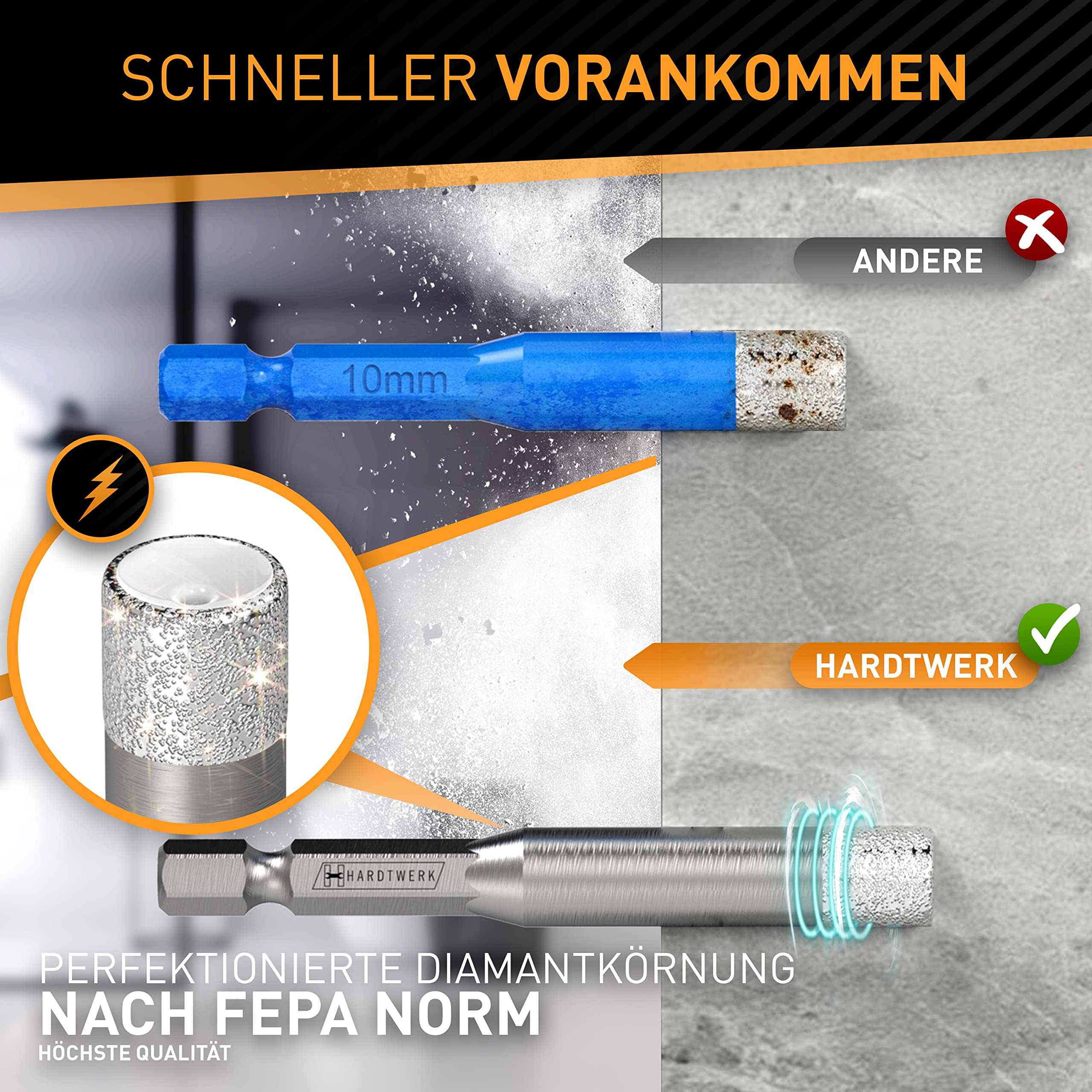 HARDTWERK Turbo Diamantbohrer 6-tlg. Fliesenbohrer Set [6, 8, 10, 12mm] mit 6mm Karbid-Anbohrer (inkl. Reinigungspin) Diamantbohrer für harte Fliesen Keramik, Feinsteinzeug, Marmor und Granit