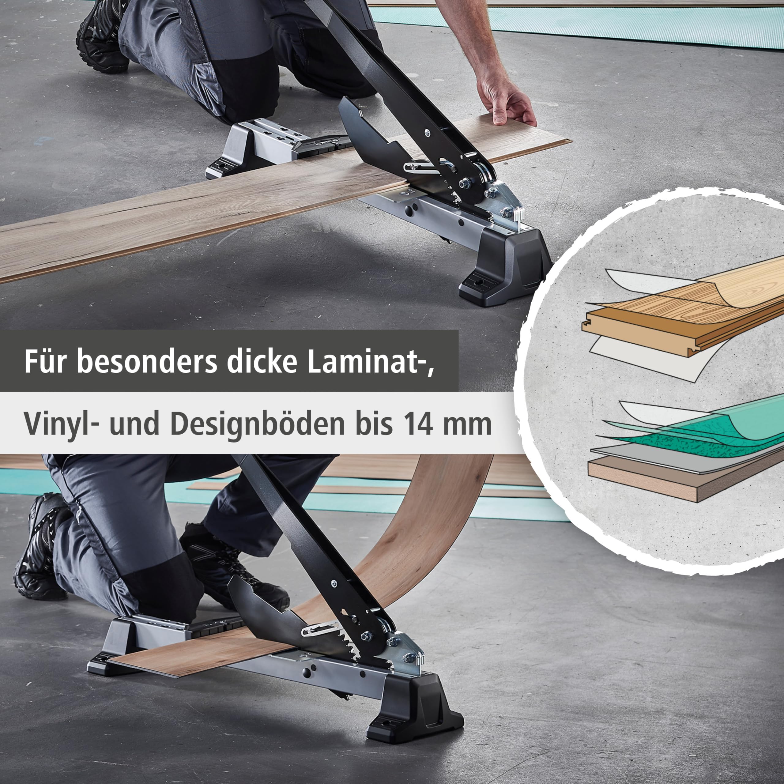 wolfcraft Vinyl- und Laminatschneider VLC 1000 I 6940000 I für Vinyl, Laminat & Designböden I bis 14 mm Materialstärke & 370 mm –breite