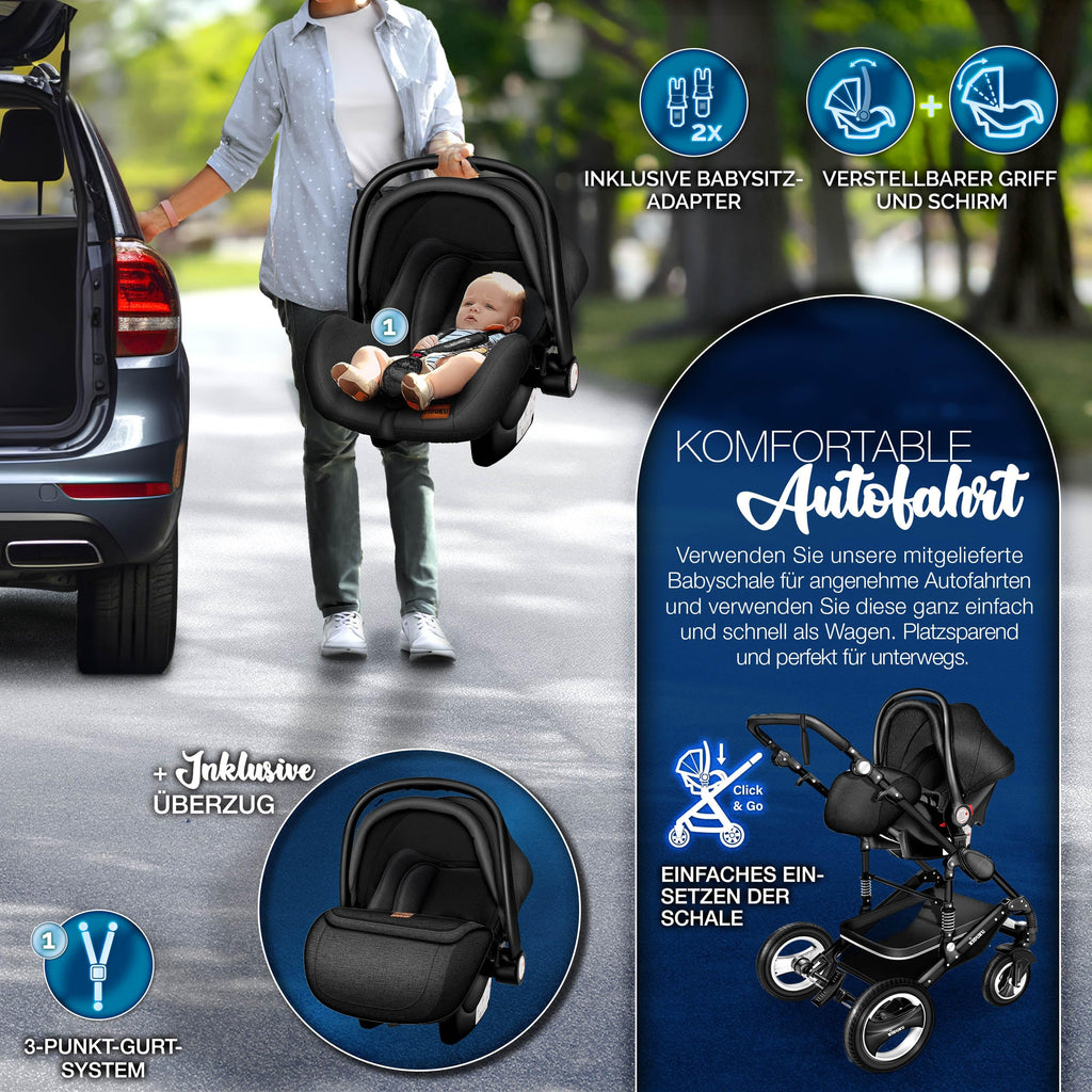 KIDUKU® 3 in 1 Kinderwagen XXL Komplettset | Kombikinderwagen Set inkl. Babywanne Buggy Sportsitz & Auto-Babyschale Fußsack | Vollgummireifen Wickeltasche Handwärmer Regenschutz Kindertisch ECE R129