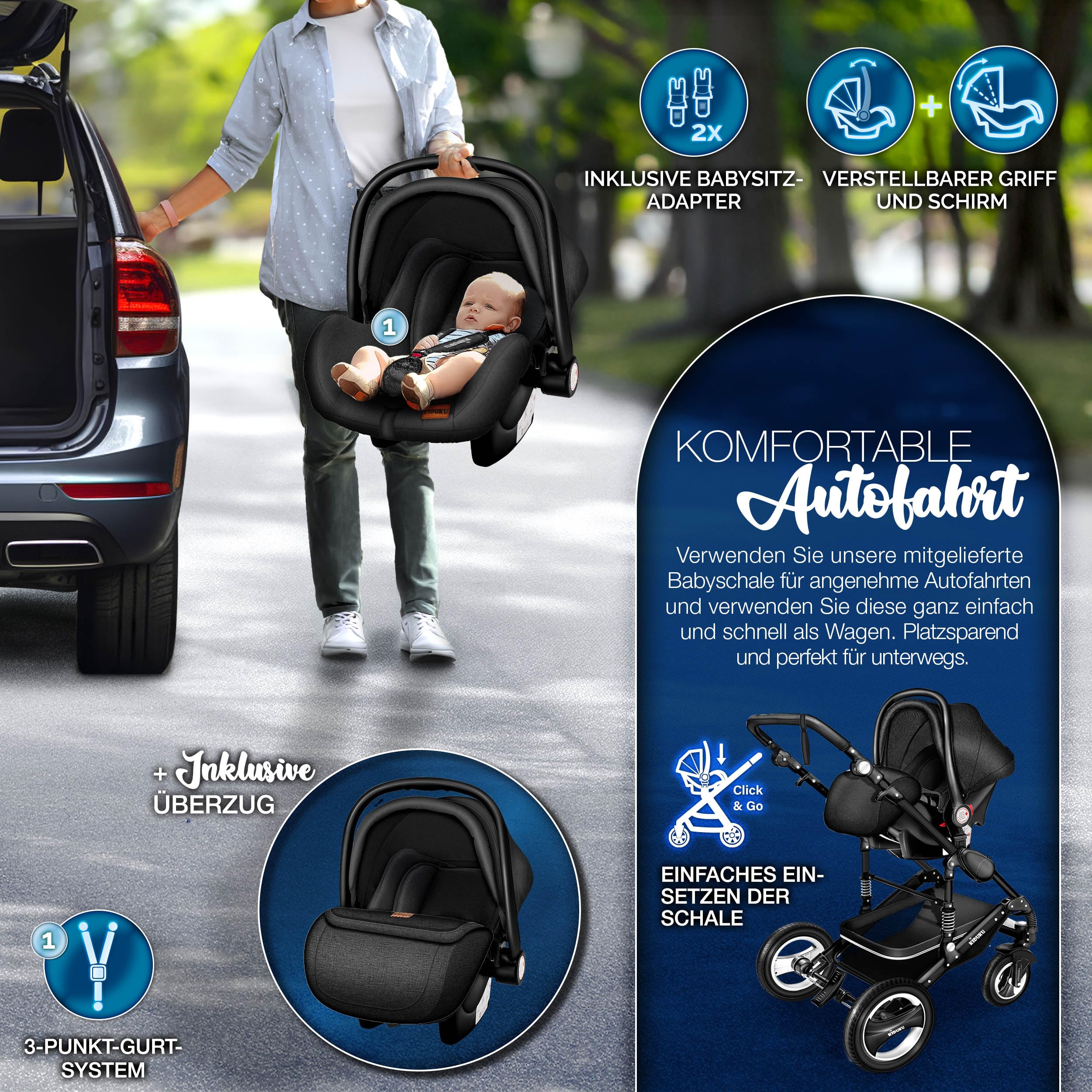 KIDUKU® 3 in 1 Kinderwagen XXL Komplettset | Kombikinderwagen Set inkl. Babywanne Buggy Sportsitz & Auto-Babyschale Fußsack | Vollgummireifen Wickeltasche Handwärmer Regenschutz Kindertisch ECE R129