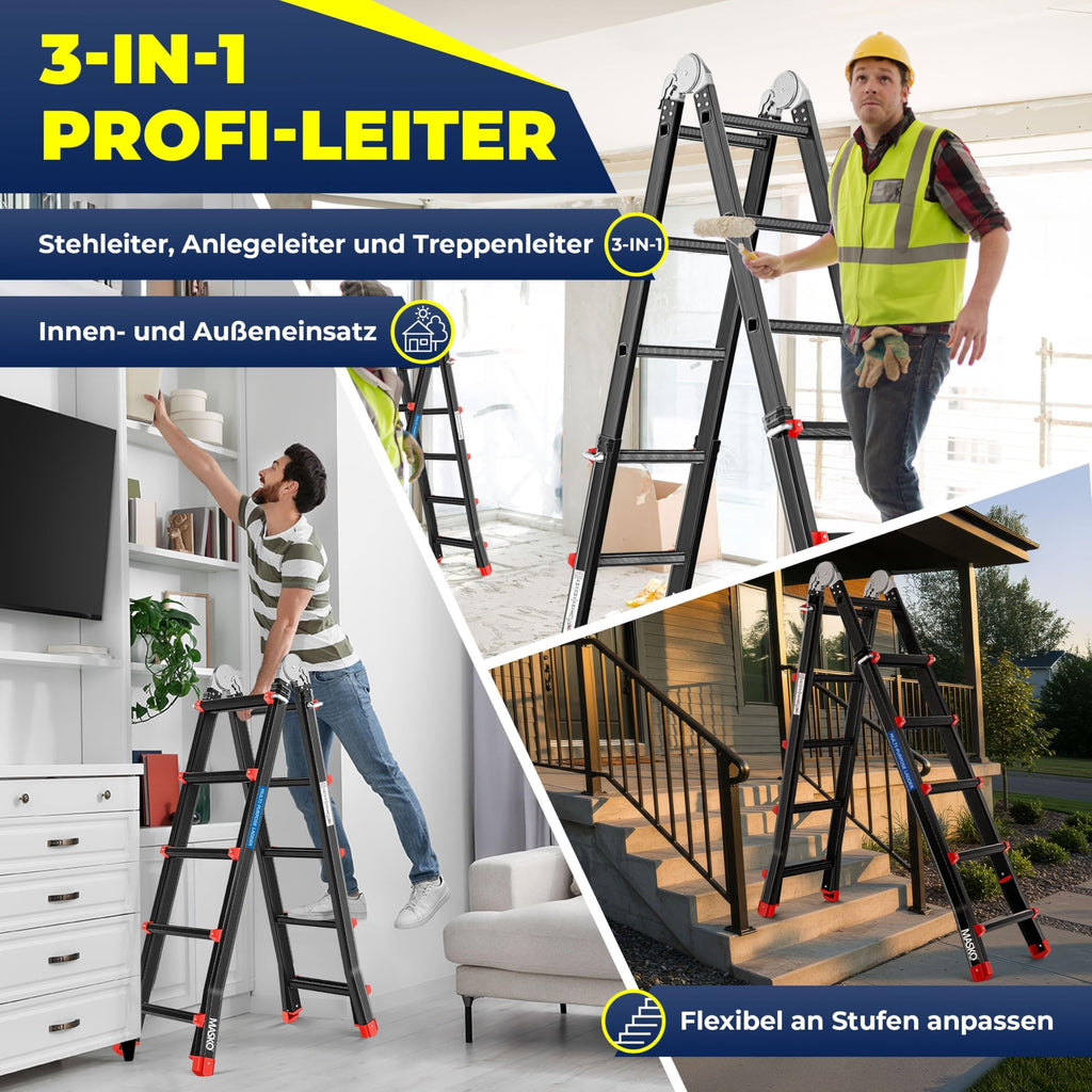 MASKO Aluminium 6in1 Mehrzweckleiter – 20 Sprossen | - 520 cm | 150 Kg, ausziehbar, rutschfest, Multifunktional, Gelenkleiter, Anlegeleiter, Klappleiter, beidseitige Steh- und Treppenleiter | Schwarz