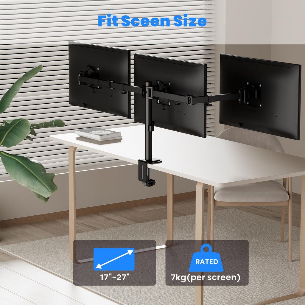 PureMounts Monitor Halterung, Monitorhalterung für 3 Bildschirme, 17 bis 27 Zoll, höhenverstellbar neigbar schwenkbar, VESA 75 und 100, Tischhalterung, Bildschirmhalter Triple, Schwarz